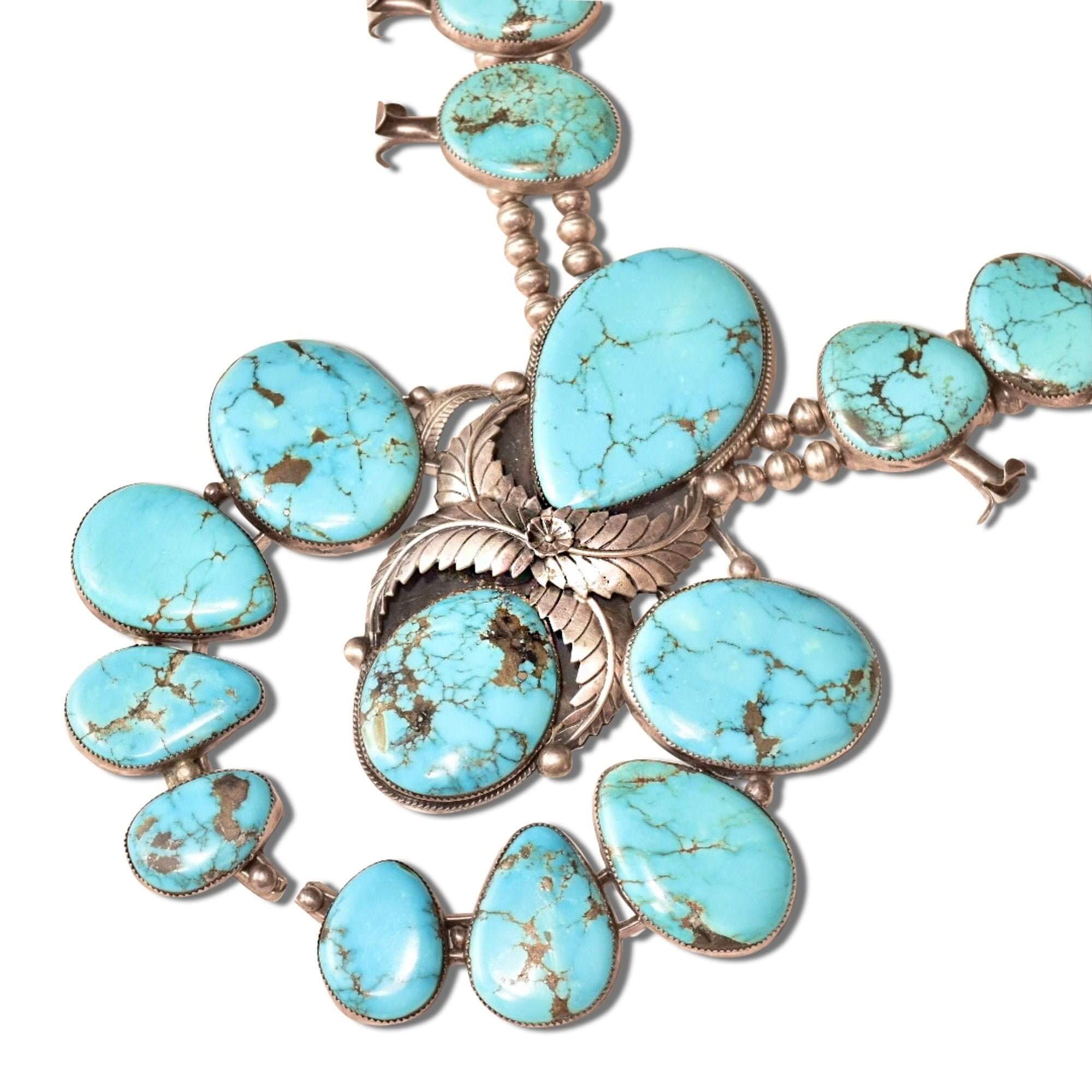 HUGE Native American Turquoise Squash Blossom Necklace, Vintage Old Pawn Jewelry, Navajo Pearls, Natural Blue Turquoise, 32" L