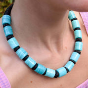 1960's India Handmade Blue Barrel Bead Necklace