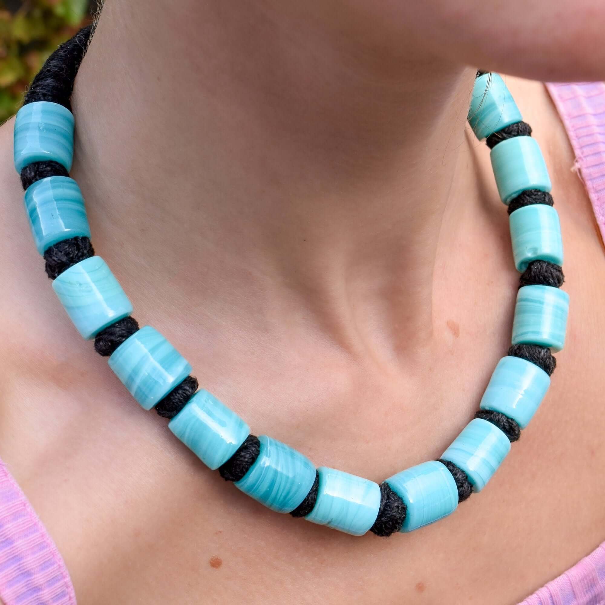 1960's India Handmade Blue Barrel Bead Necklace