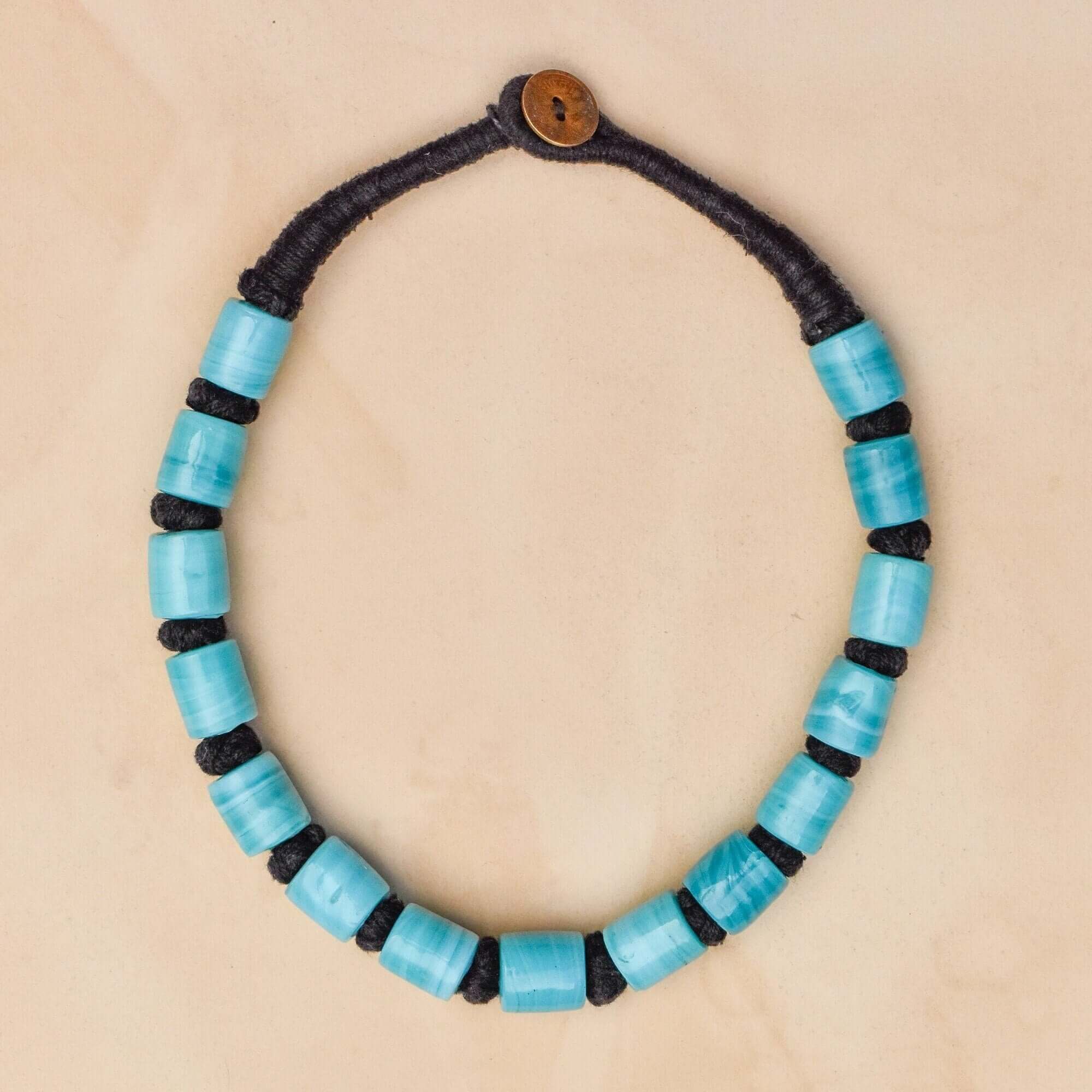 1960's India Handmade Blue Barrel Bead Necklace
