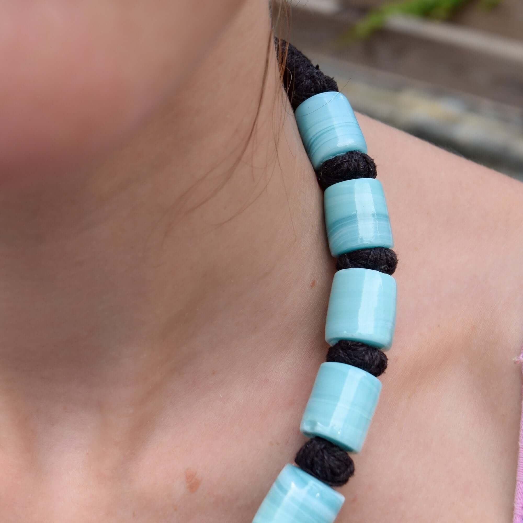 1960's India Handmade Blue Barrel Bead Necklace