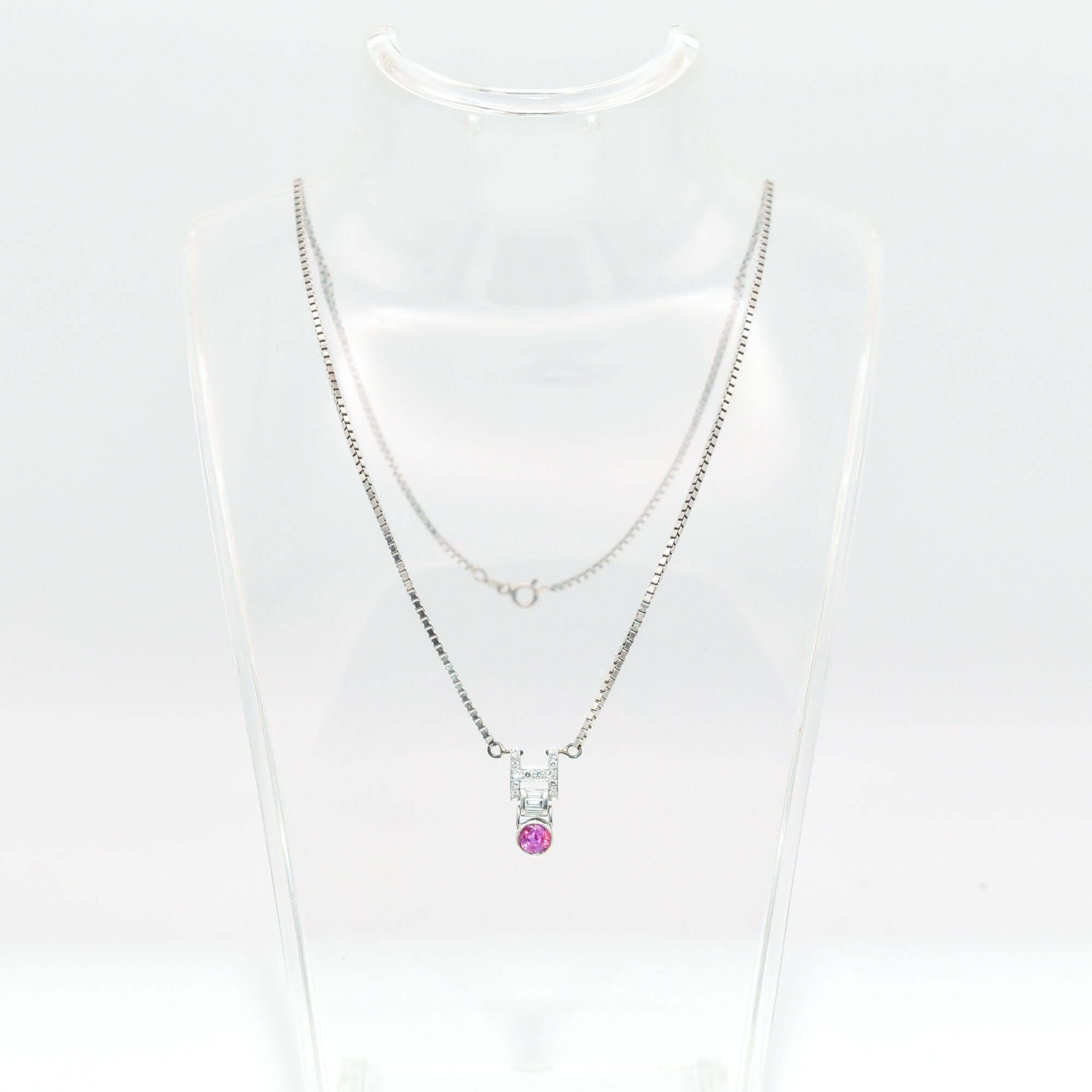Italian 14K White Gold Diamond Pink Sapphire Pendant Necklace