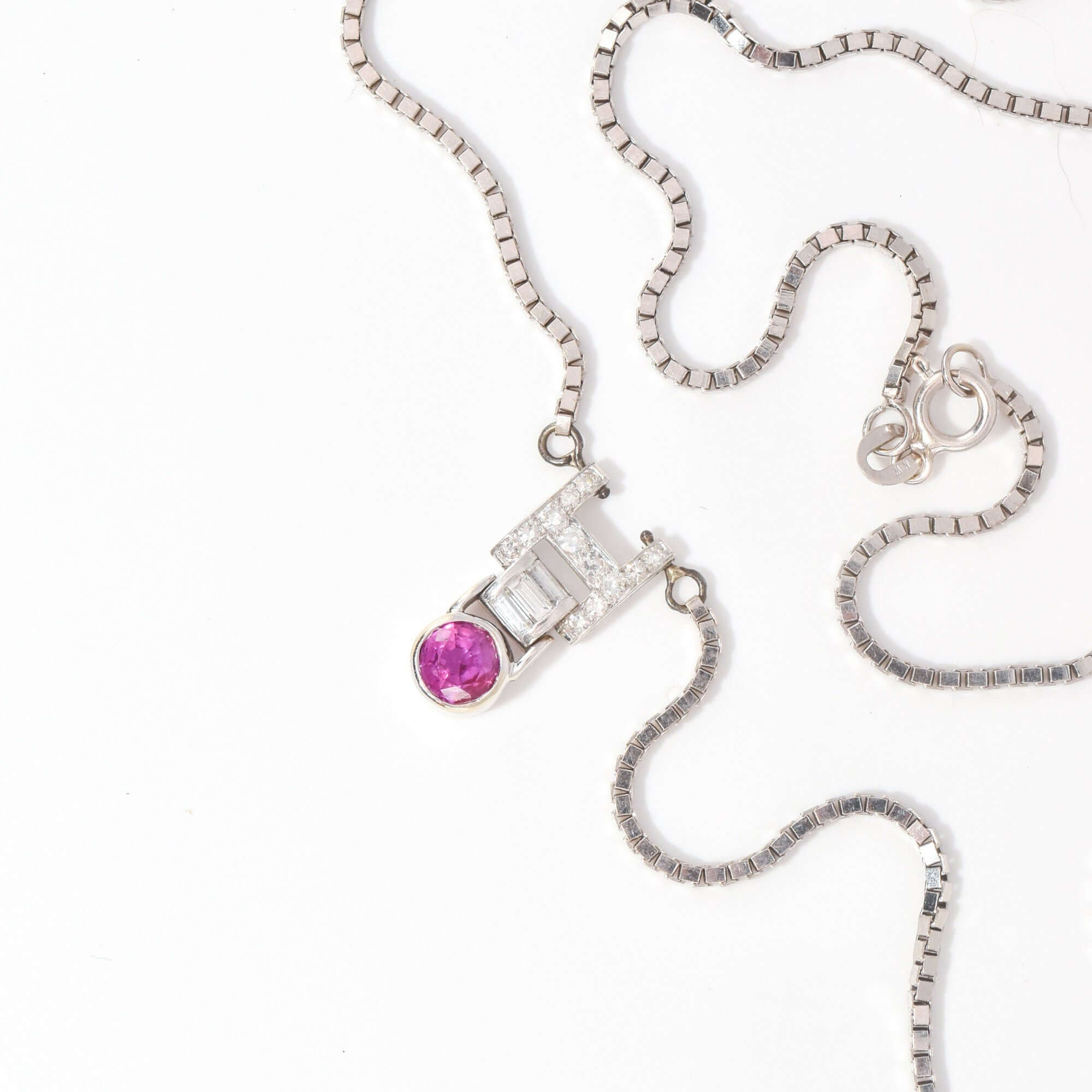 Italian 14K White Gold Diamond Pink Sapphire Pendant Necklace