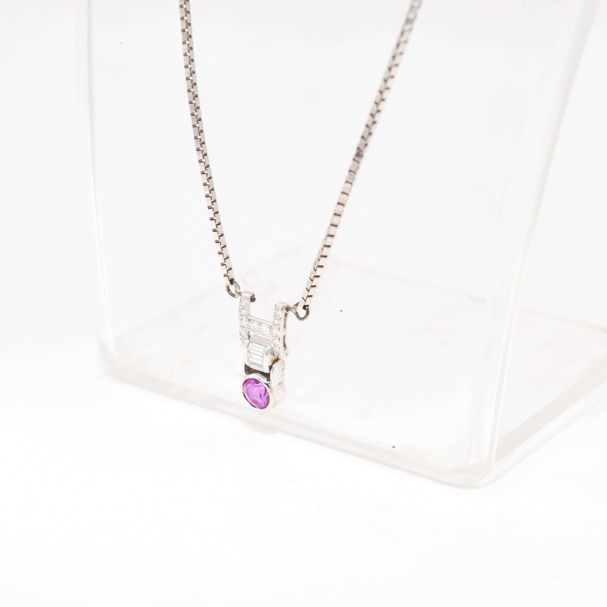 Italian 14K White Gold Diamond Pink Sapphire Pendant Necklace