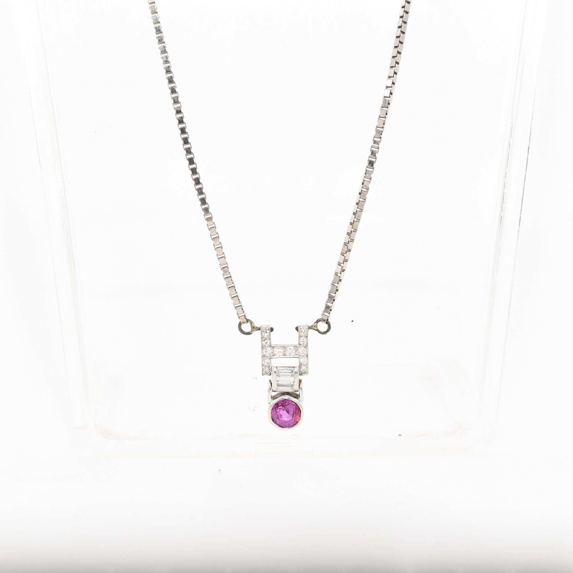Italian 14K White Gold Diamond Pink Sapphire Pendant Necklace