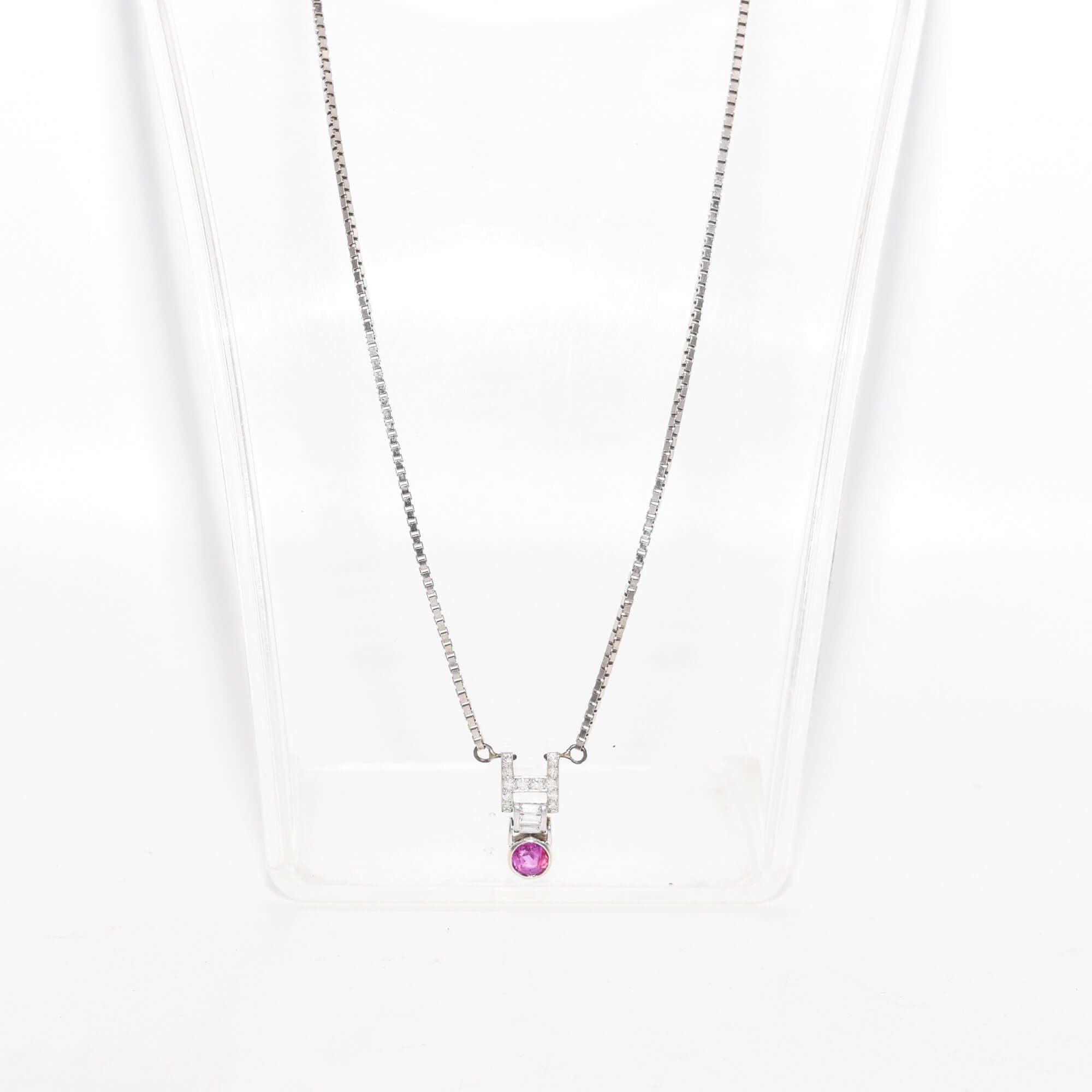 Italian 14K White Gold Diamond Pink Sapphire Pendant Necklace