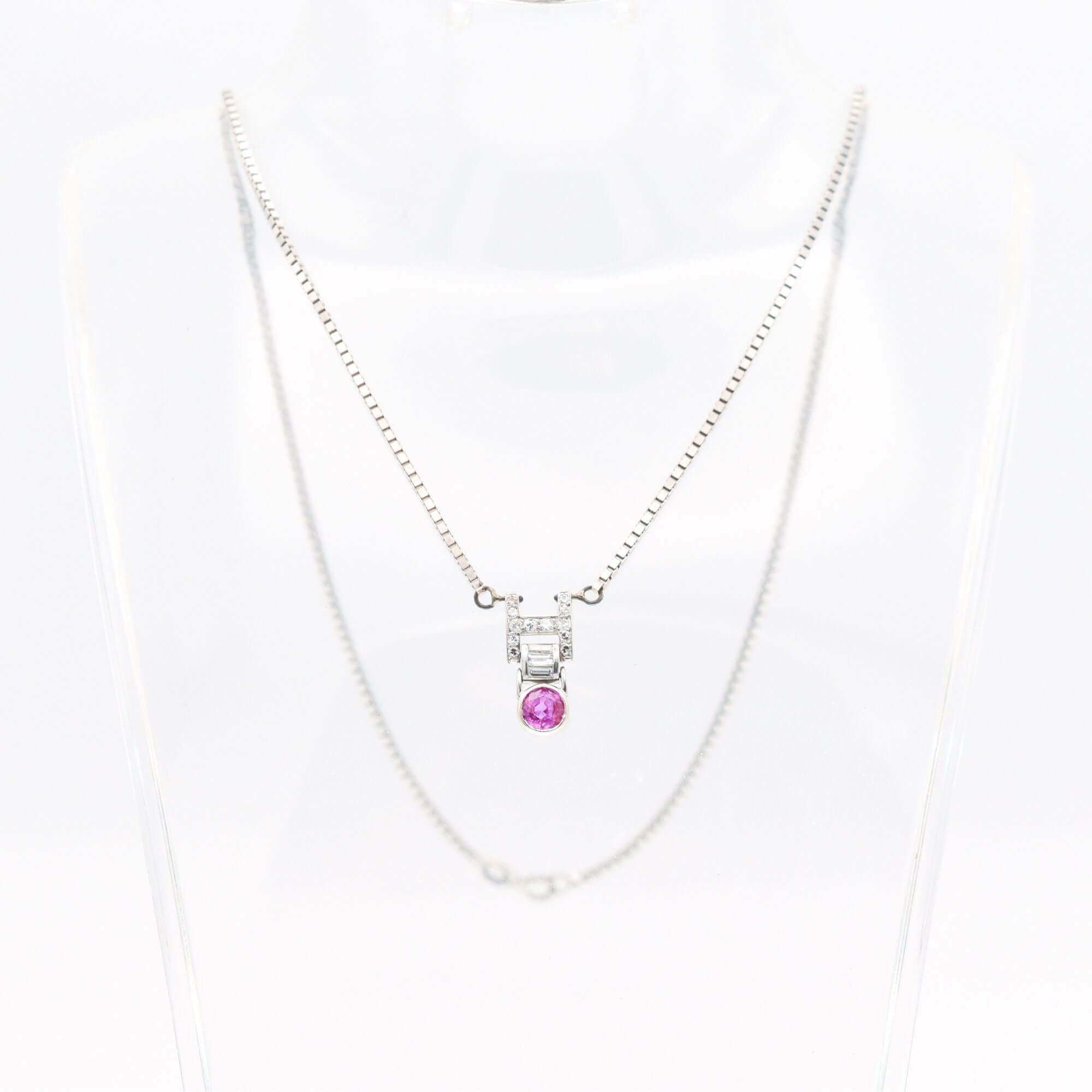 Italian 14K White Gold Diamond Pink Sapphire Pendant Necklace