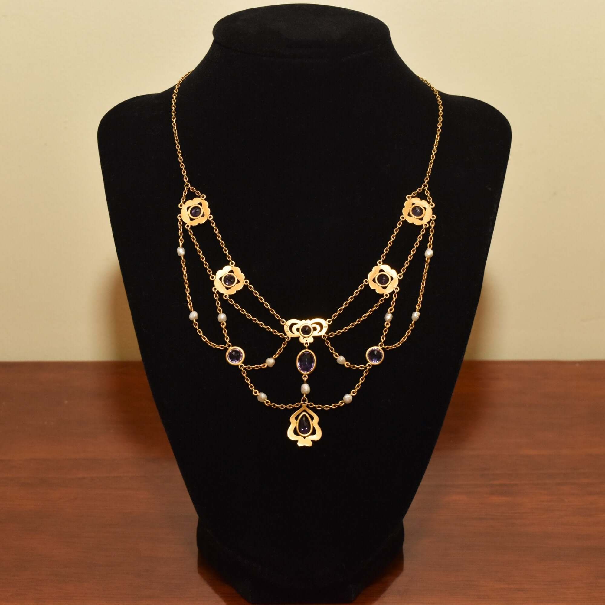 Art Nouveau 14K Amethyst & Pearl Festoon Necklace
