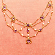 Art Nouveau 14K Amethyst & Pearl Festoon Necklace