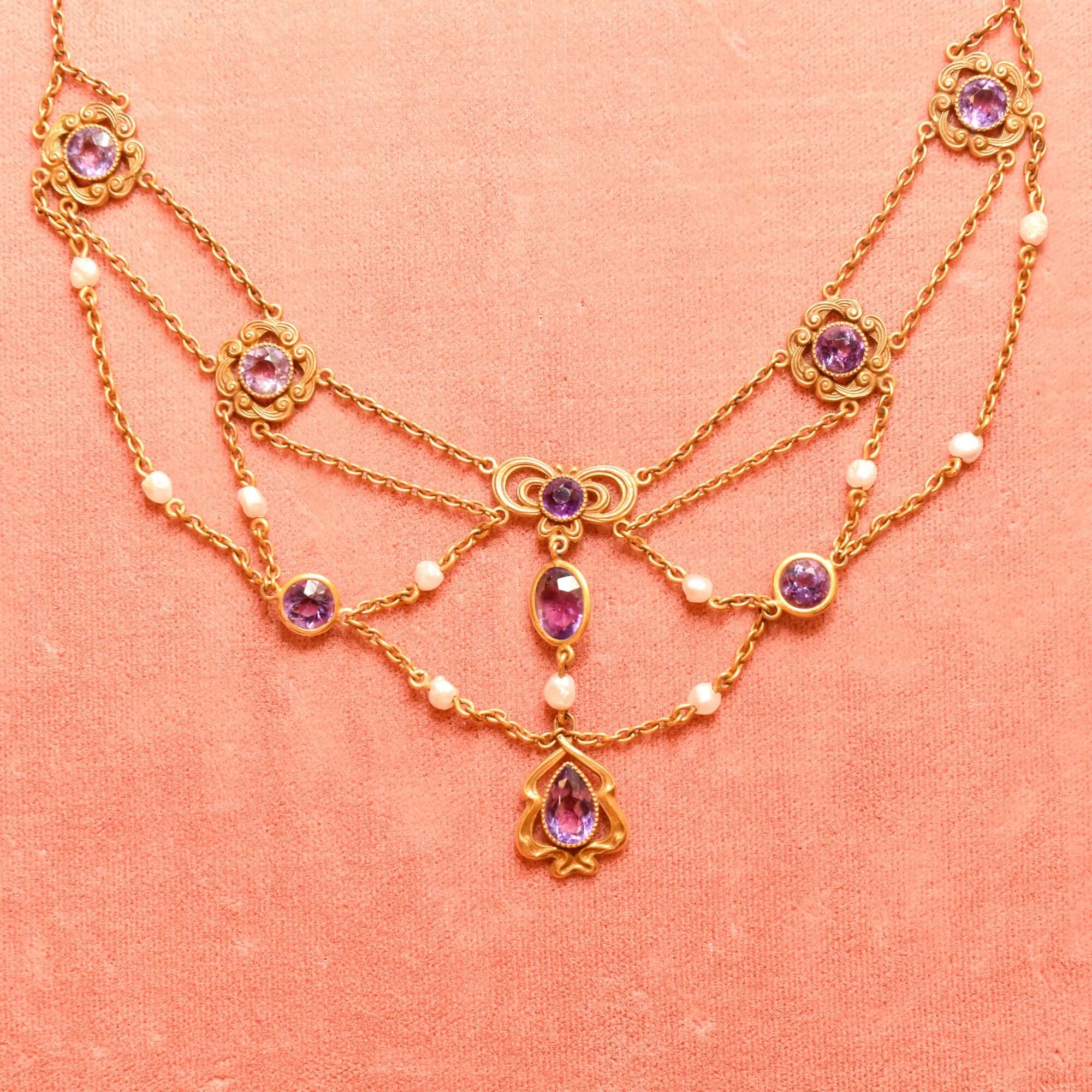 Art Nouveau 14K Amethyst & Pearl Festoon Necklace