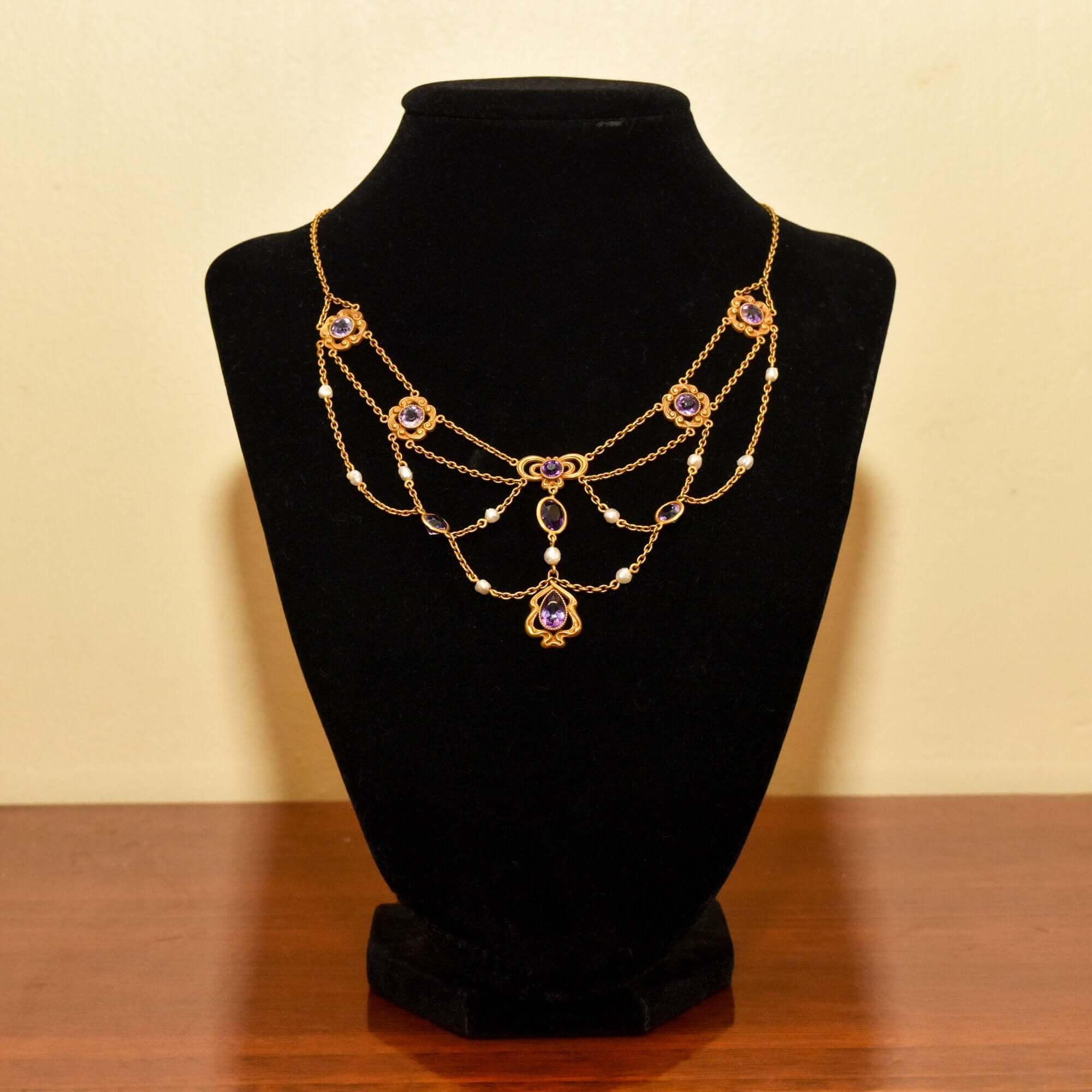 Art Nouveau 14K Amethyst & Pearl Festoon Necklace
