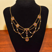 Art Nouveau 14K Amethyst & Pearl Festoon Necklace