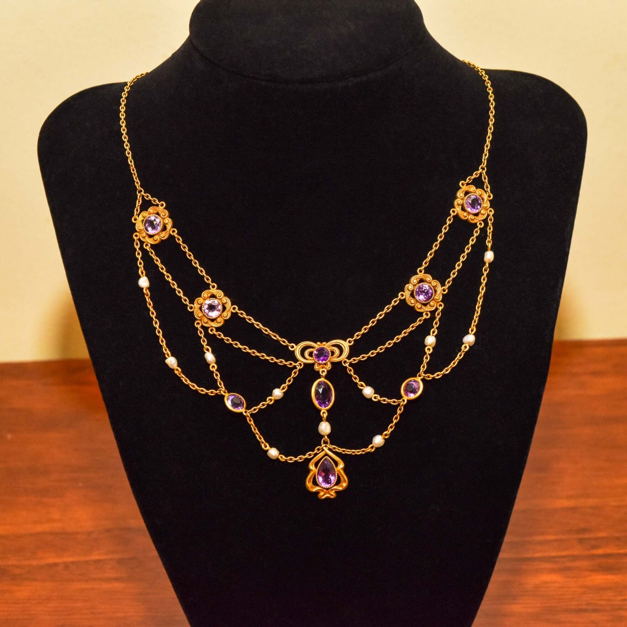 Art Nouveau 14K Amethyst & Pearl Festoon Necklace