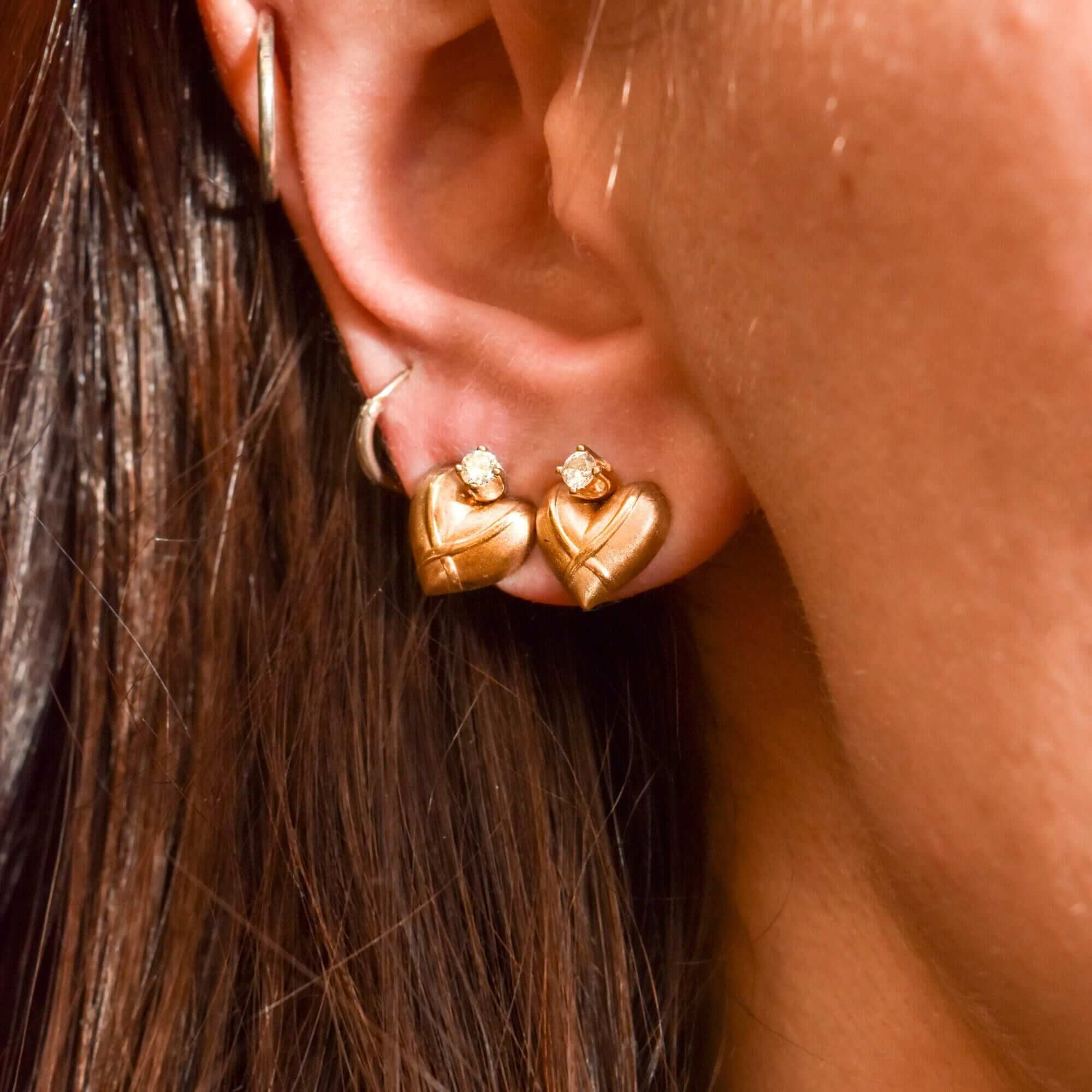 10K CZ Diamond Heart Stud Earrings In Yellow Gold