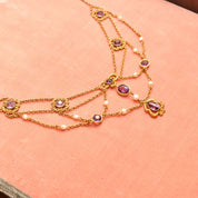 Art Nouveau 14K Amethyst & Pearl Festoon Necklace
