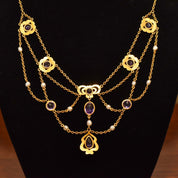 Art Nouveau 14K Amethyst & Pearl Festoon Necklace
