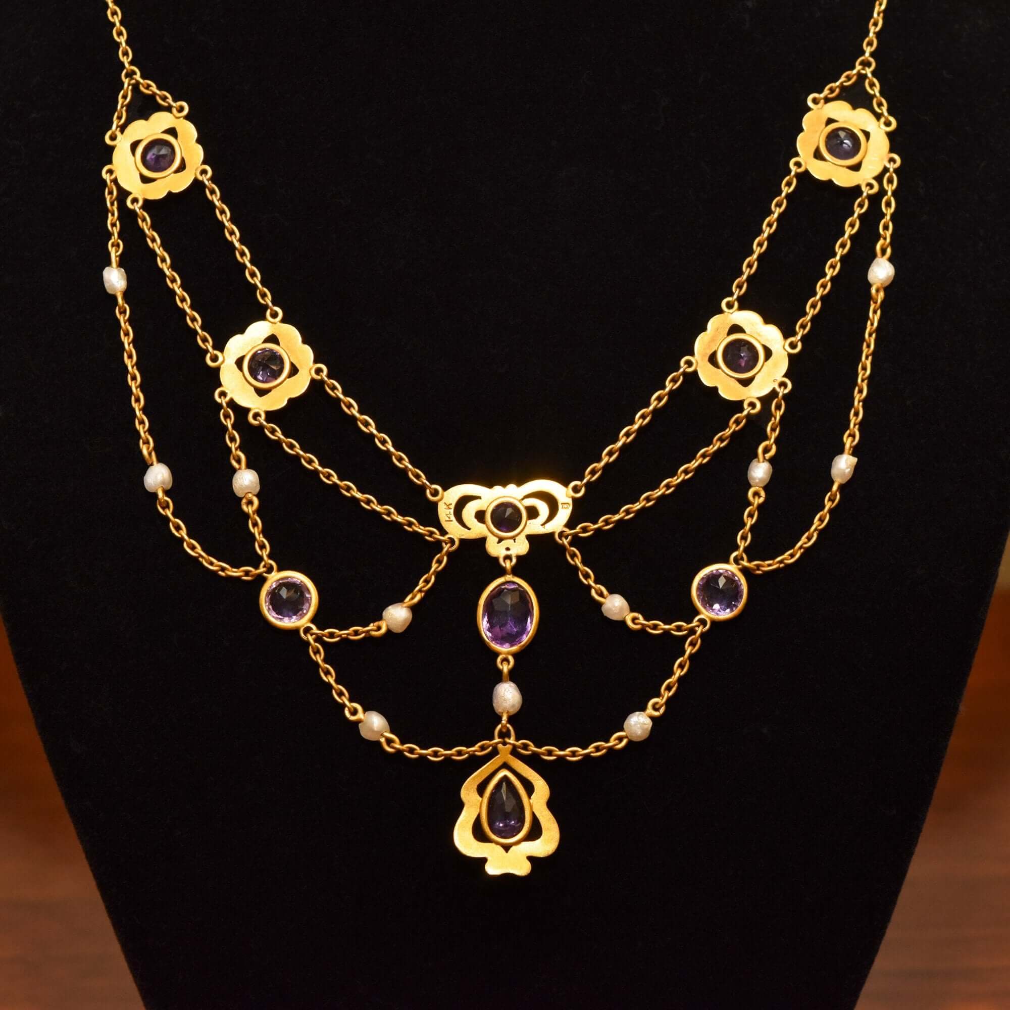 Art Nouveau 14K Amethyst & Pearl Festoon Necklace