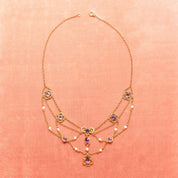 Art Nouveau 14K Amethyst & Pearl Festoon Necklace