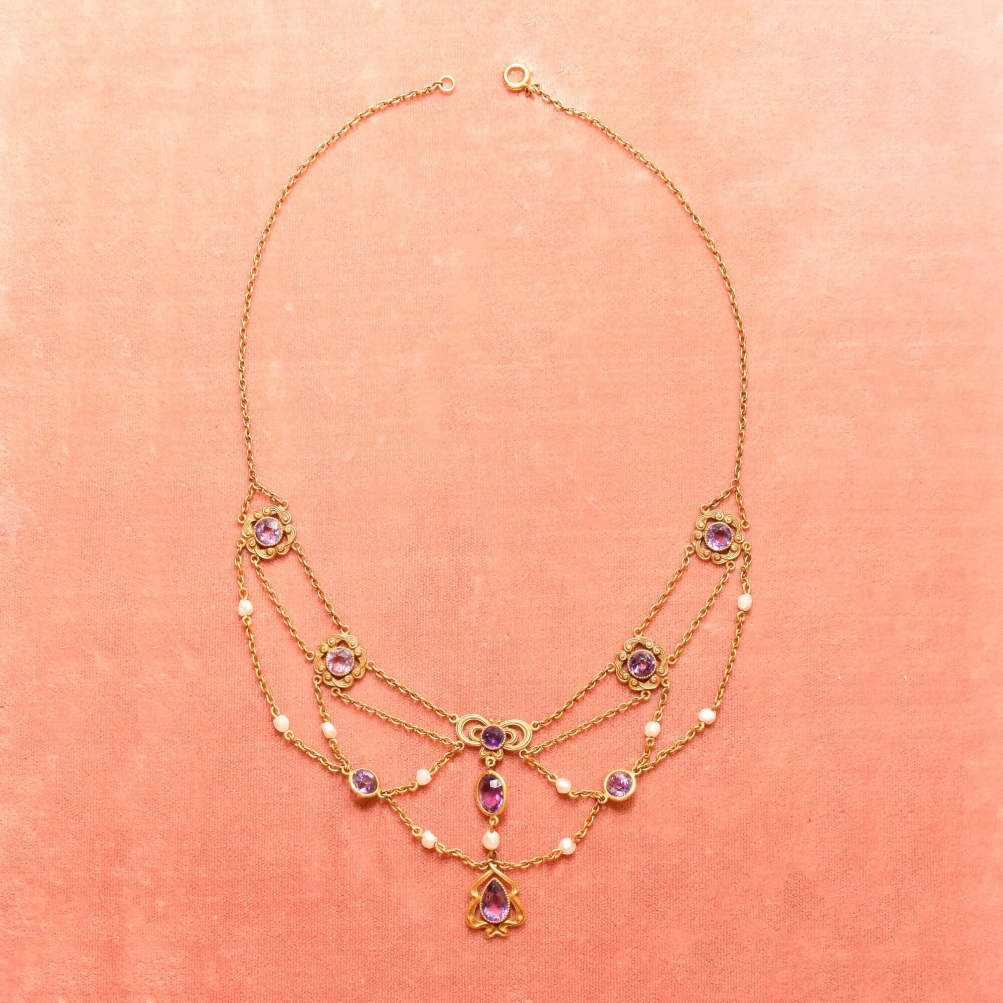 Art Nouveau 14K Amethyst & Pearl Festoon Necklace