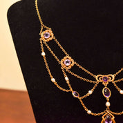 Art Nouveau 14K Amethyst & Pearl Festoon Necklace