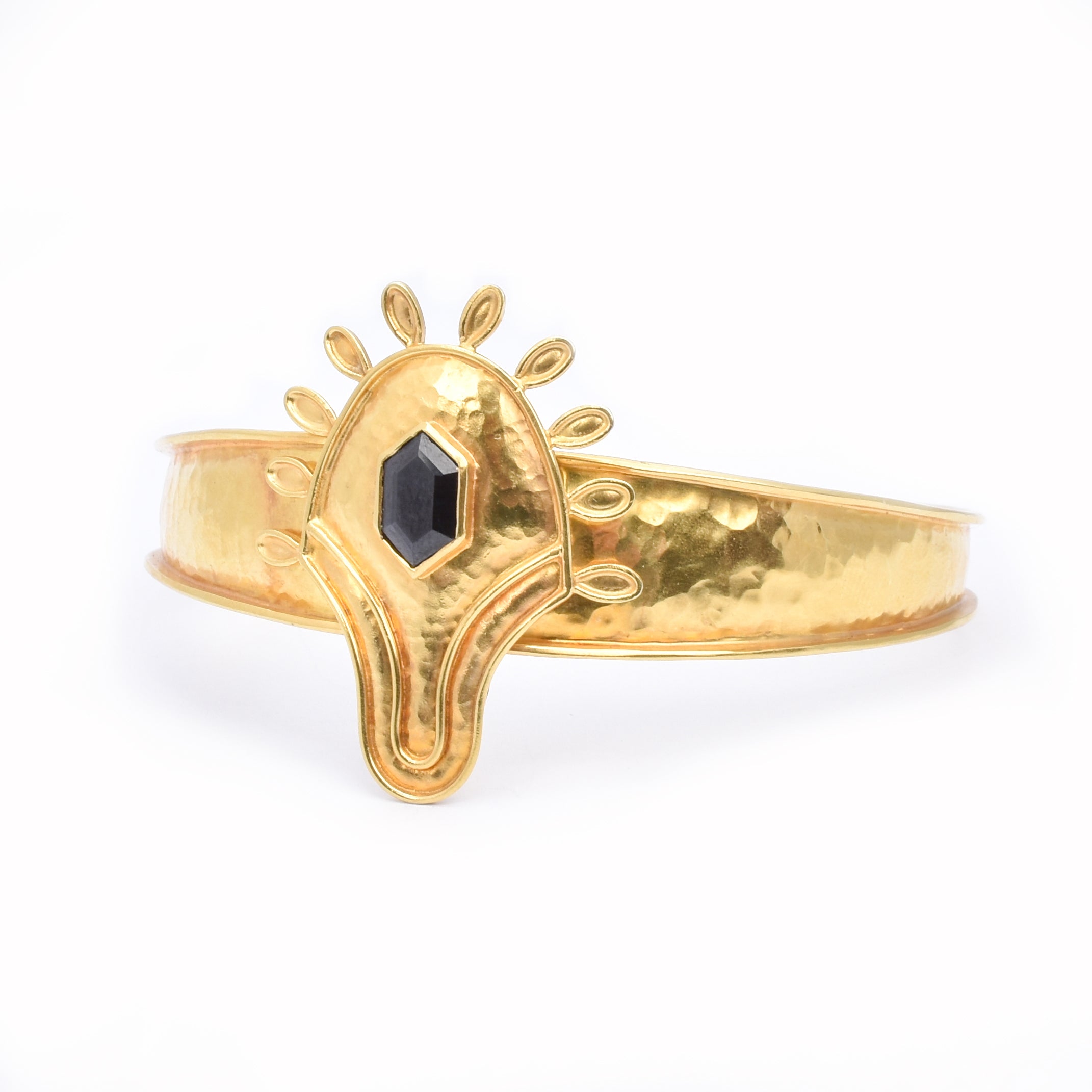 18K Gold Sun Bangle with Black Stone Accent