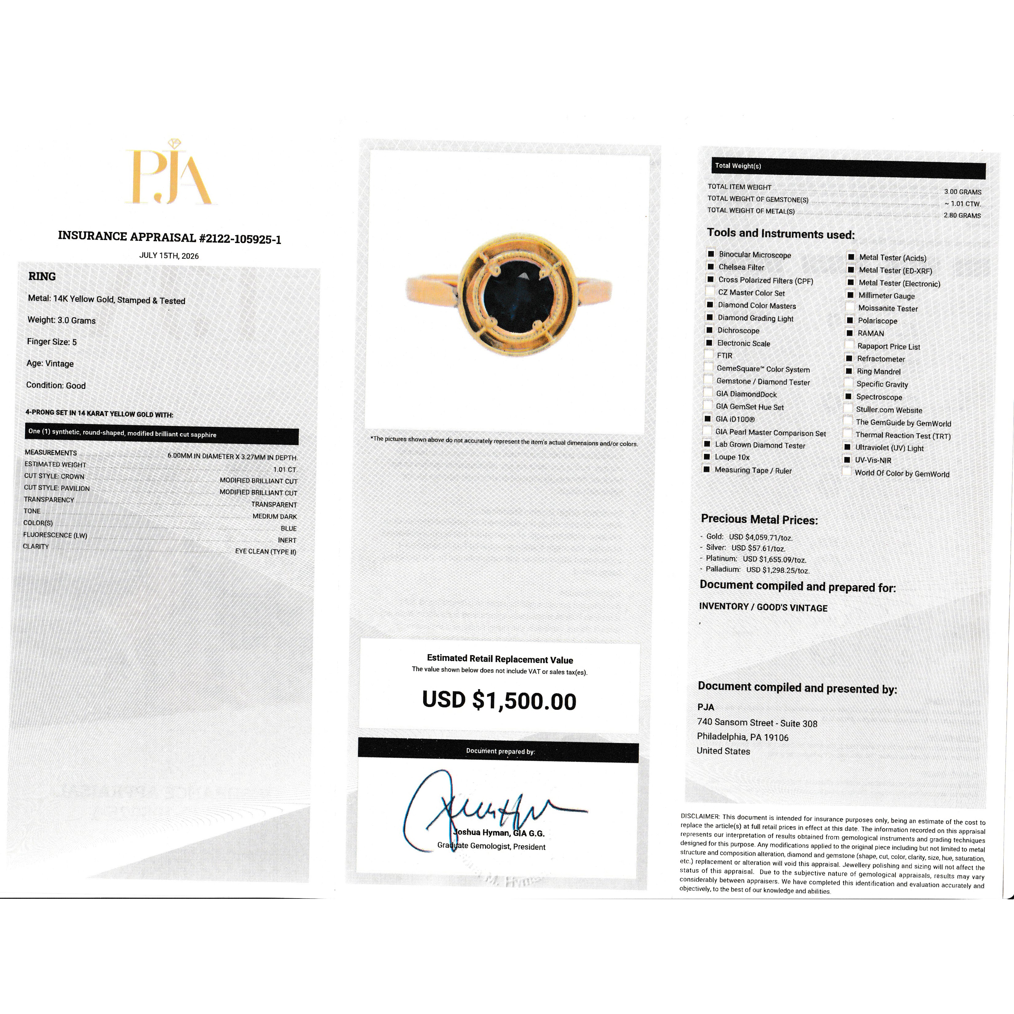 14K Gold 1.01CT Sapphire Solitaire Ring