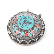 Antique Afghan Sterling Silver Turquoise and Coral Pendant