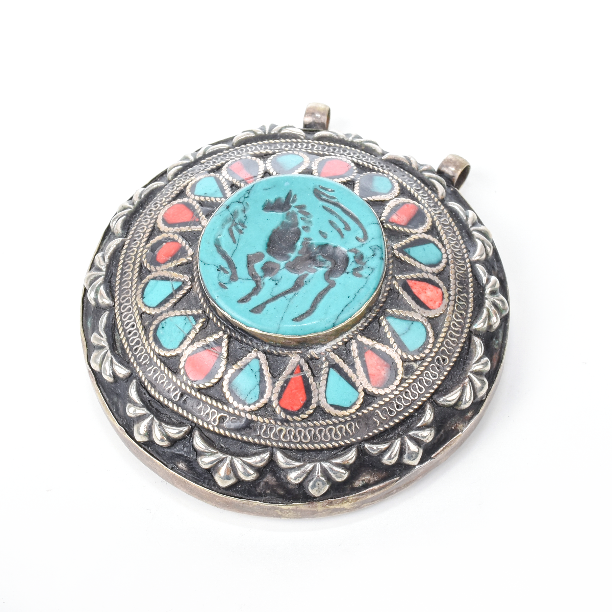 Antique Afghan Sterling Silver Turquoise and Coral Pendant