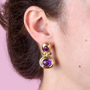 14K Gold Cabochon Amethyst and Emerald Drop Earrings