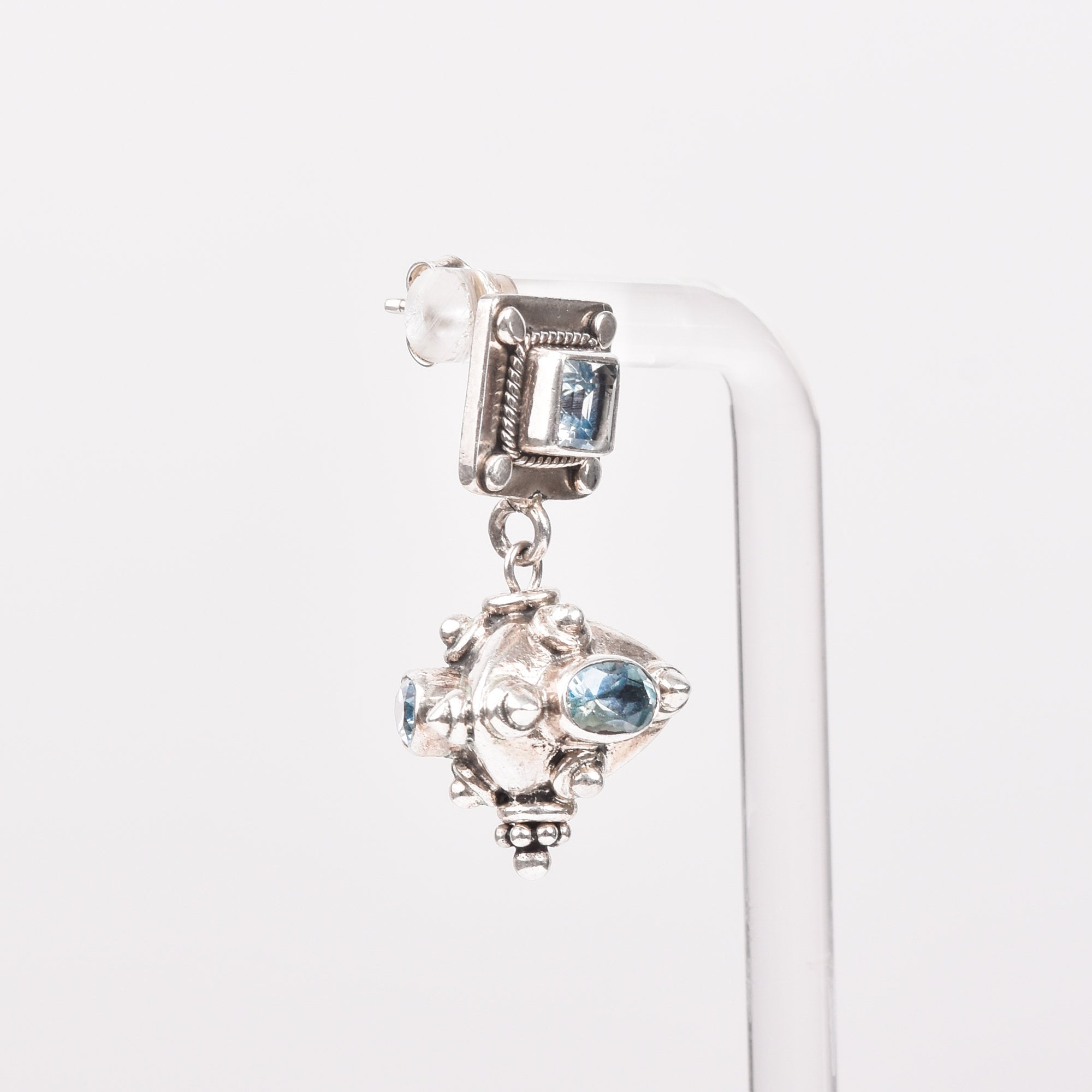 Bali-Style Sterling Silver Blue Topaz Earrings, Small Chunky Pierced Dangle Earrings, 1.25" L