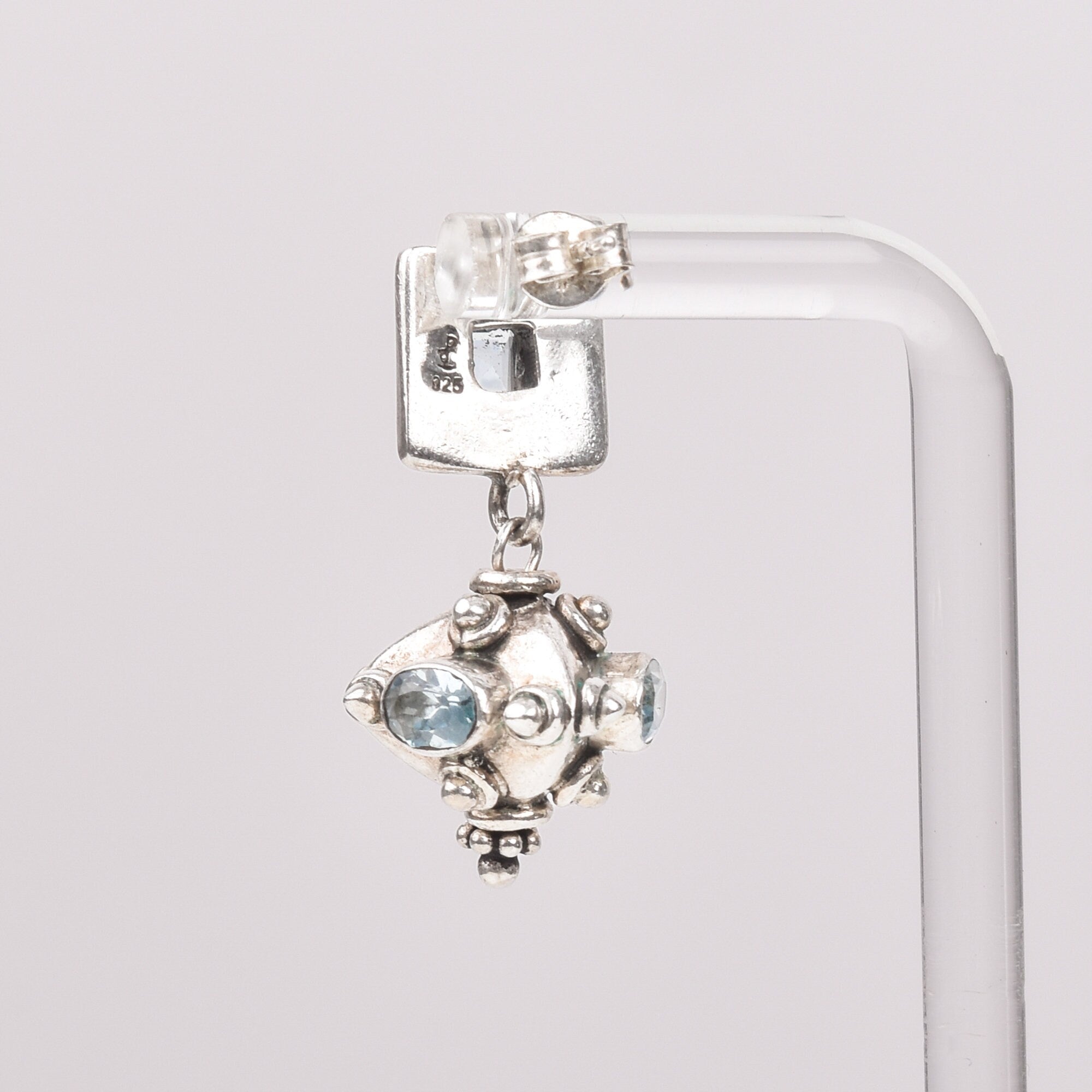Bali-Style Sterling Silver Blue Topaz Earrings, Small Chunky Pierced Dangle Earrings, 1.25" L