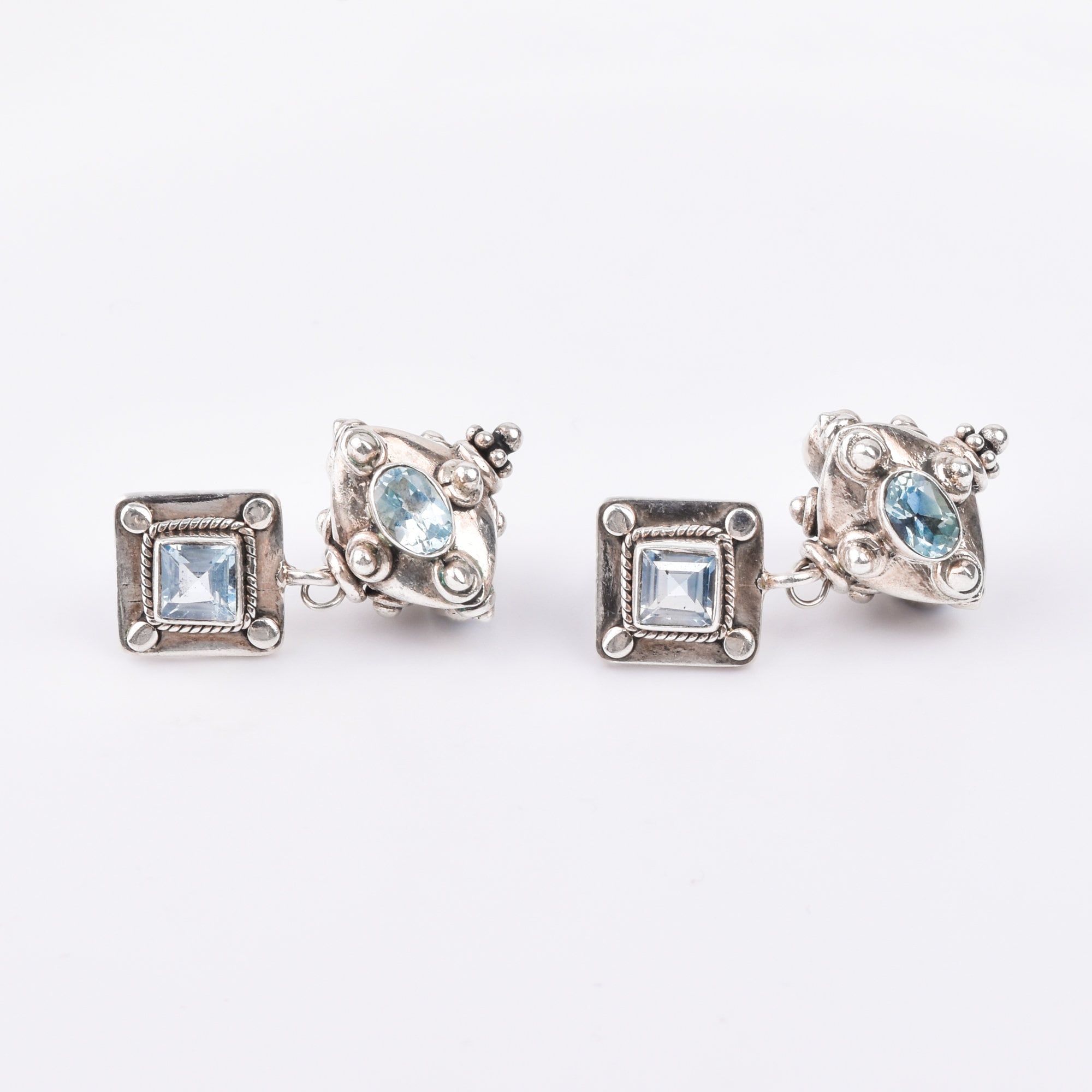 Bali-Style Sterling Silver Blue Topaz Earrings, Small Chunky Pierced Dangle Earrings, 1.25" L