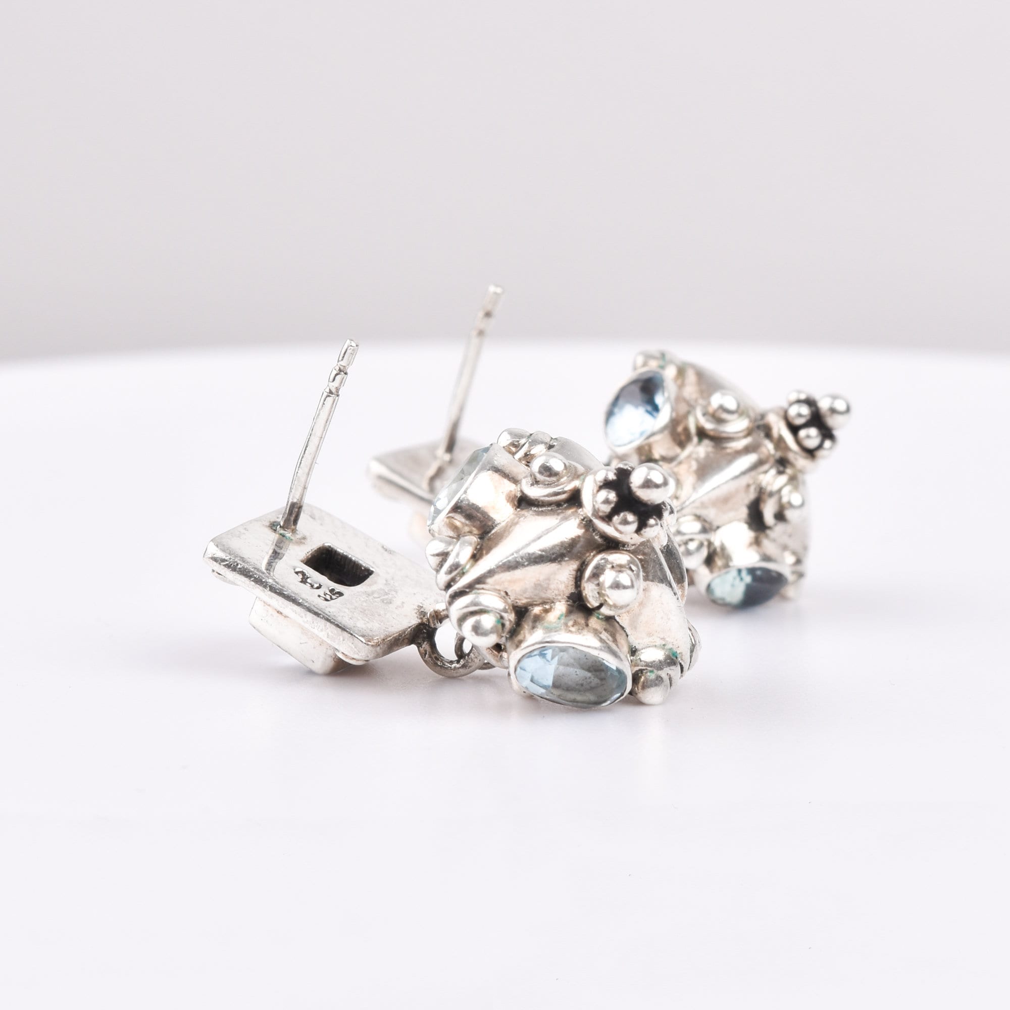 Bali-Style Sterling Silver Blue Topaz Earrings, Small Chunky Pierced Dangle Earrings, 1.25" L