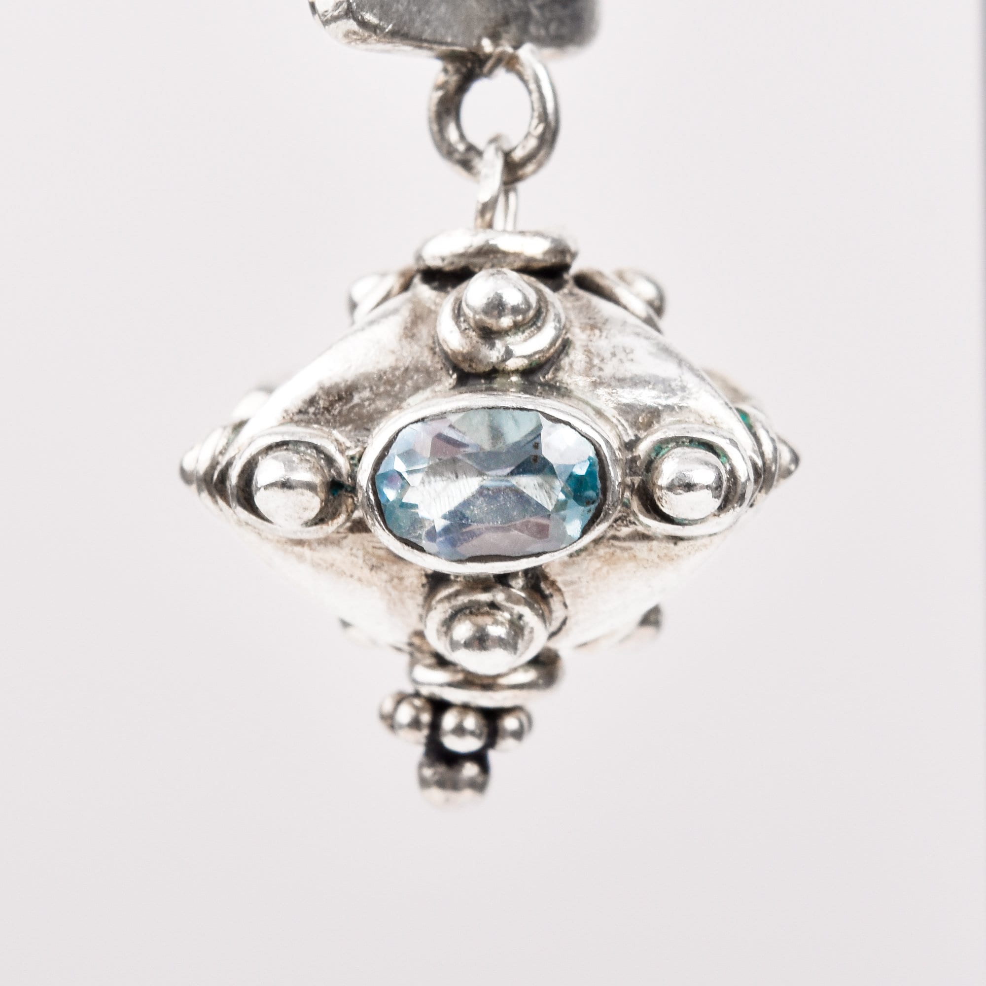 Bali-Style Sterling Silver Blue Topaz Earrings, Small Chunky Pierced Dangle Earrings, 1.25" L