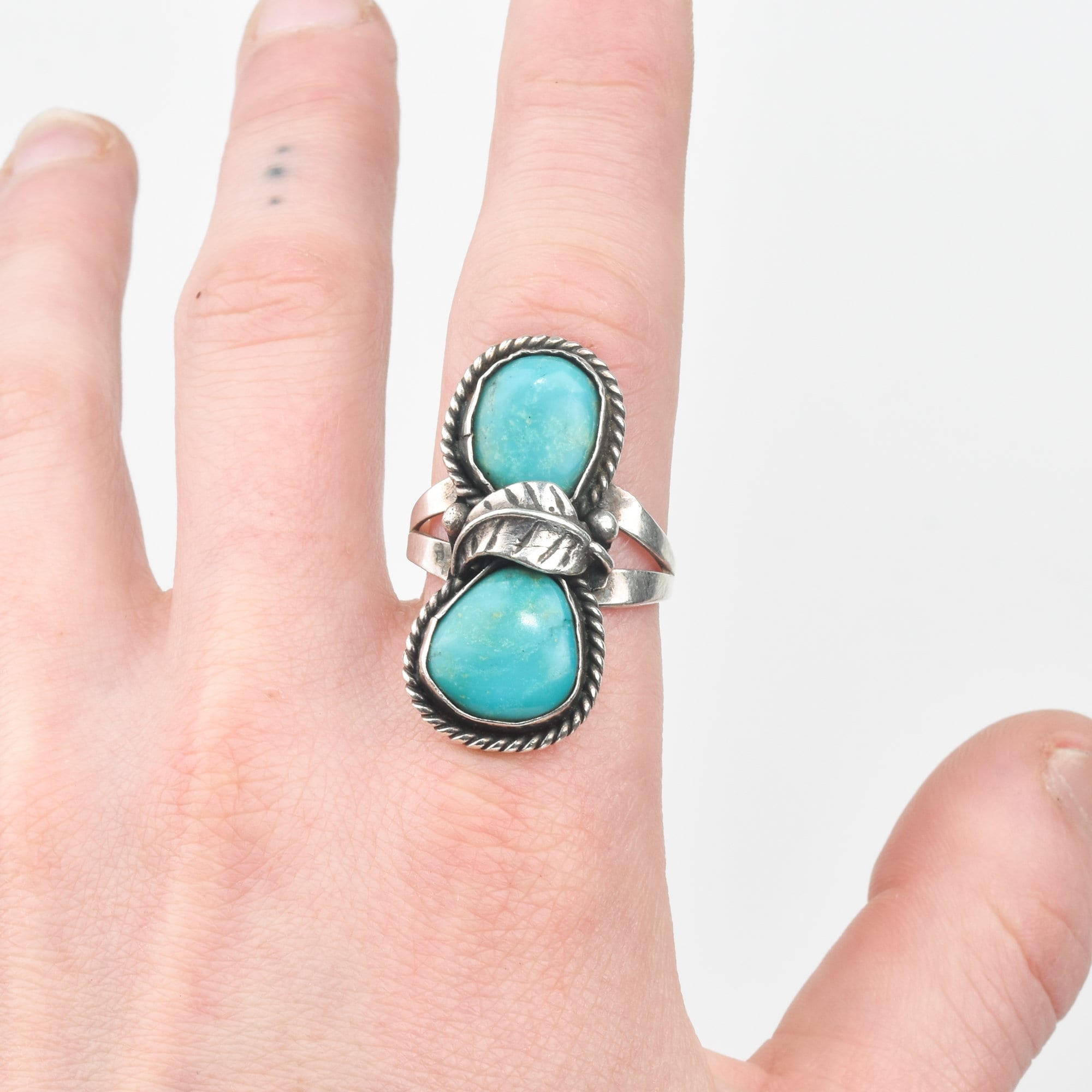Navajo Two-Stone Turquoise Ring In Sterling Silver, Native American Jewelry, Size 10 1/2 US