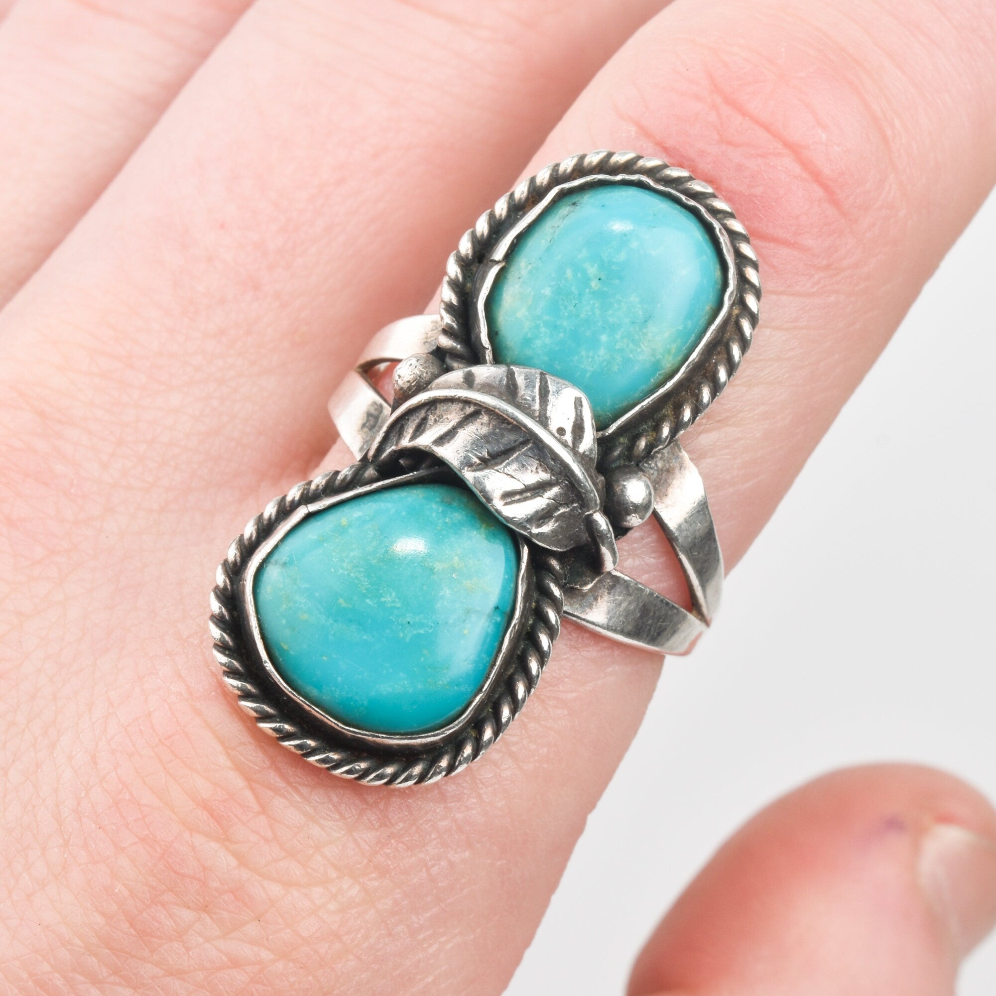 Navajo Two-Stone Turquoise Ring In Sterling Silver, Native American Jewelry, Size 10 1/2 US