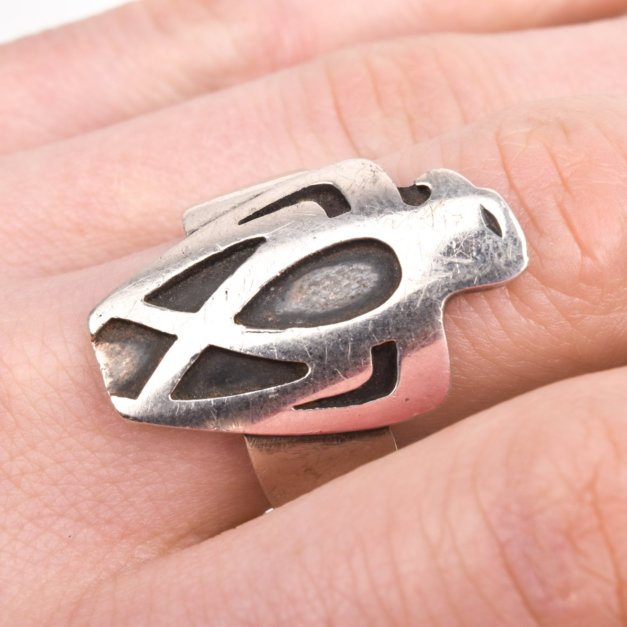 Modernist Sterling Silver Carved Thunderbird Ring