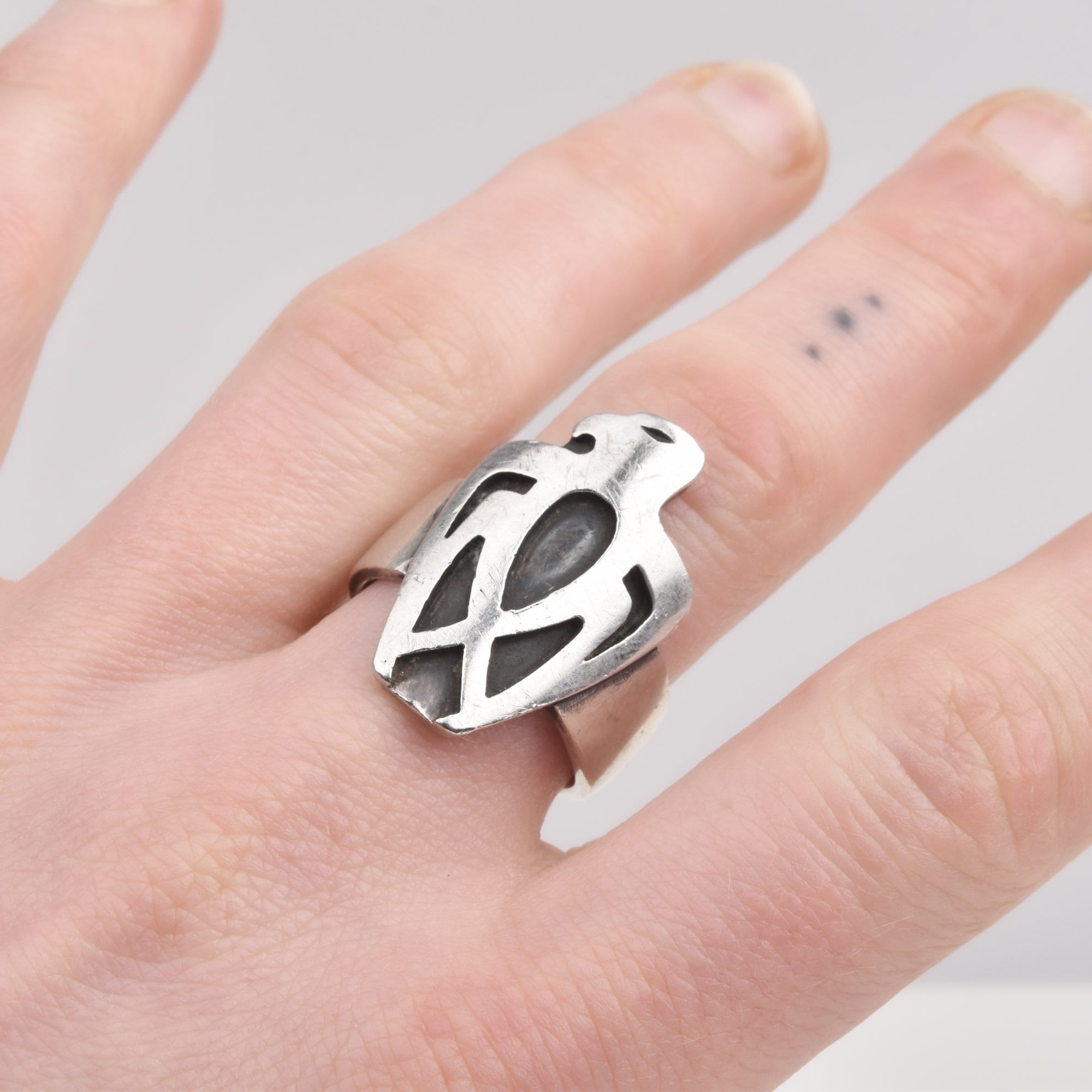 Modernist Sterling Silver Carved Thunderbird Ring