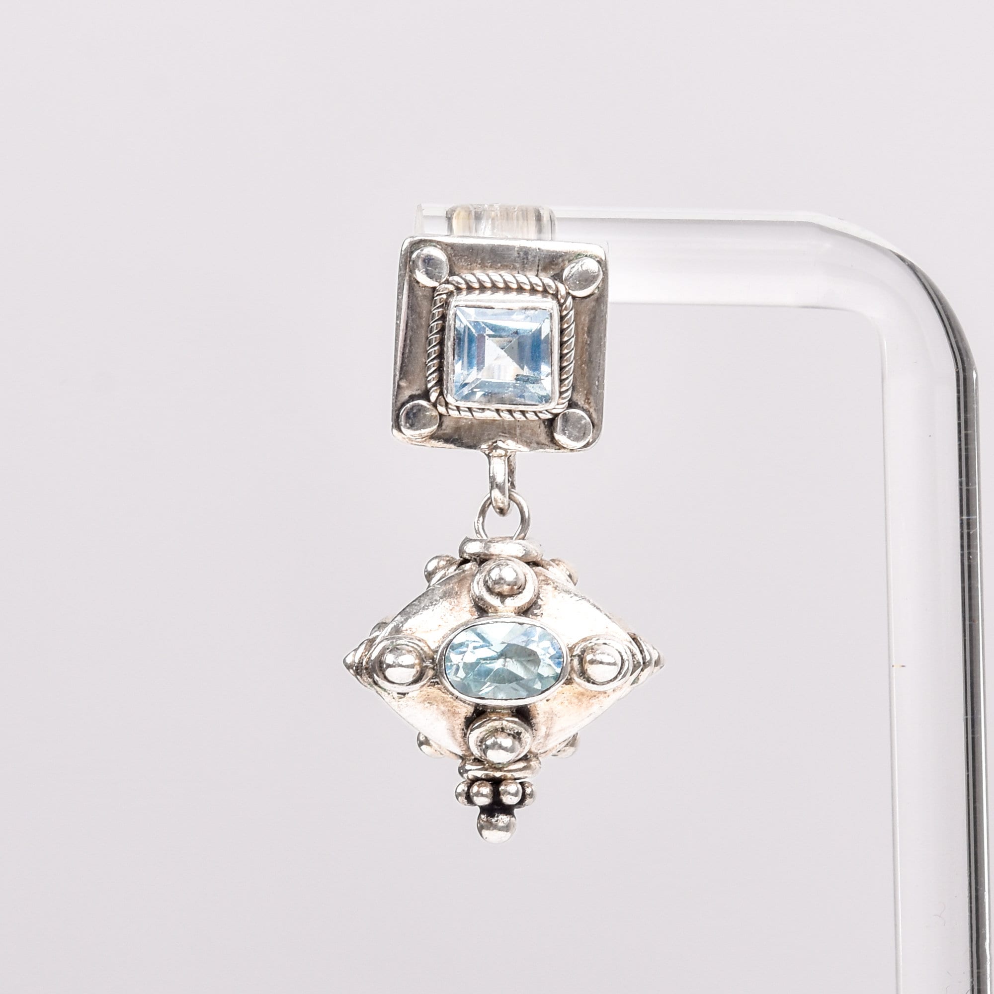Bali-Style Sterling Silver Blue Topaz Earrings, Small Chunky Pierced Dangle Earrings, 1.25" L