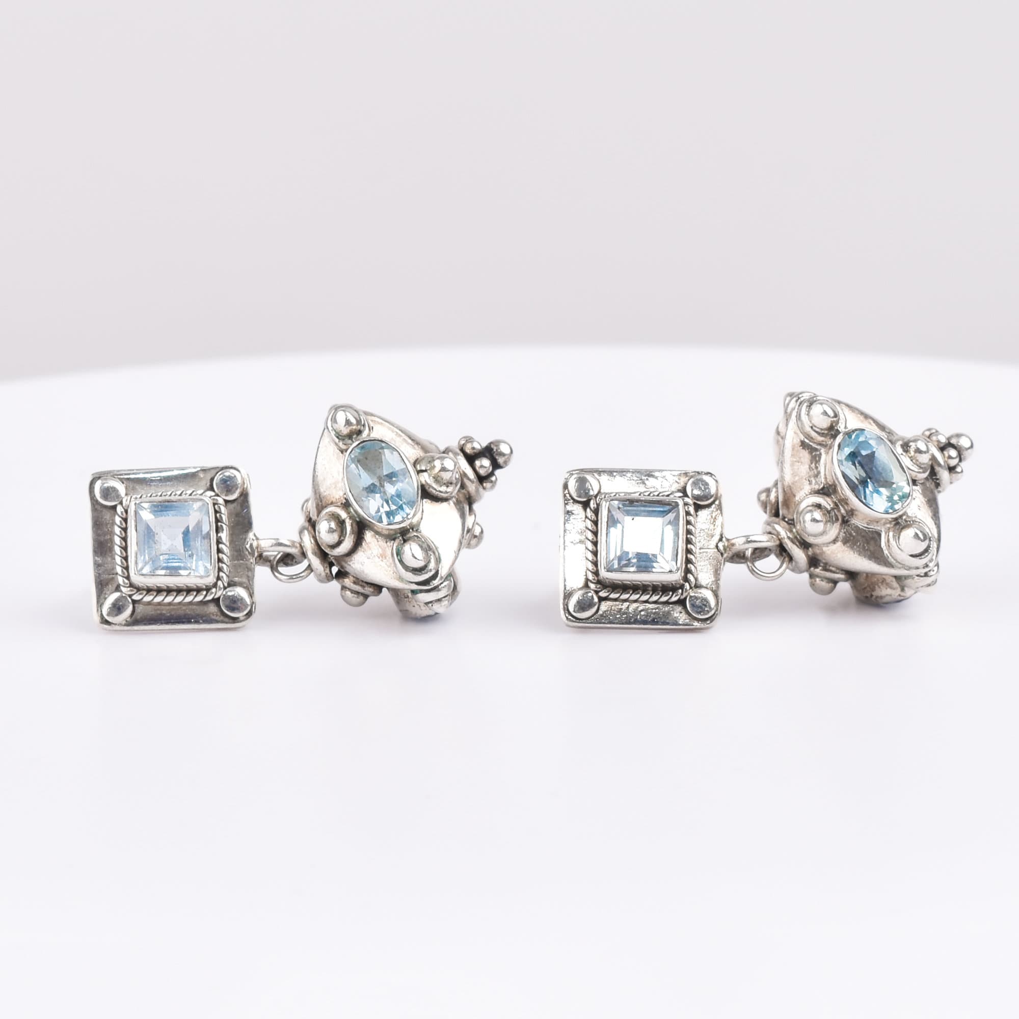 Bali-Style Sterling Silver Blue Topaz Earrings, Small Chunky Pierced Dangle Earrings, 1.25" L
