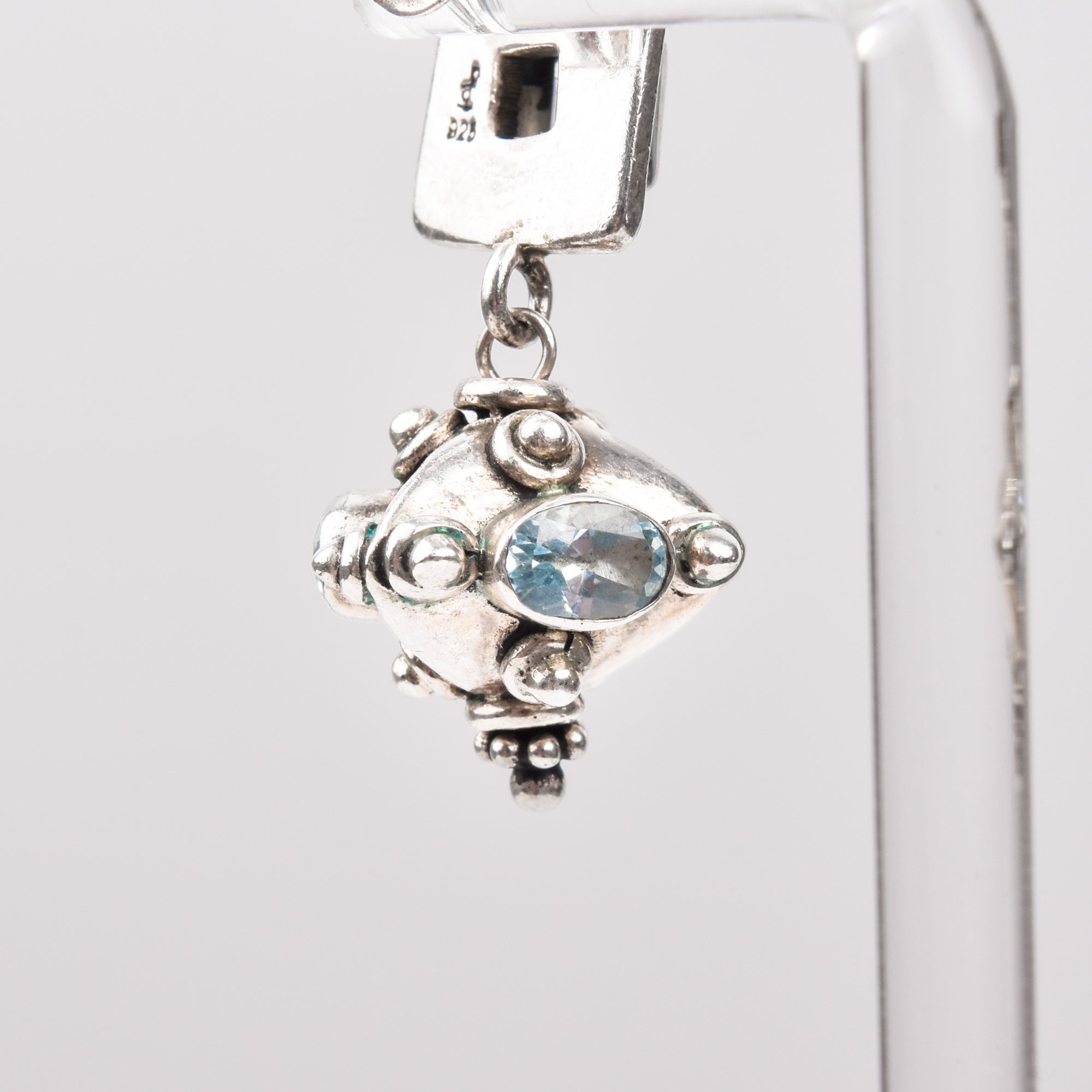 Bali-Style Sterling Silver Blue Topaz Earrings, Small Chunky Pierced Dangle Earrings, 1.25" L