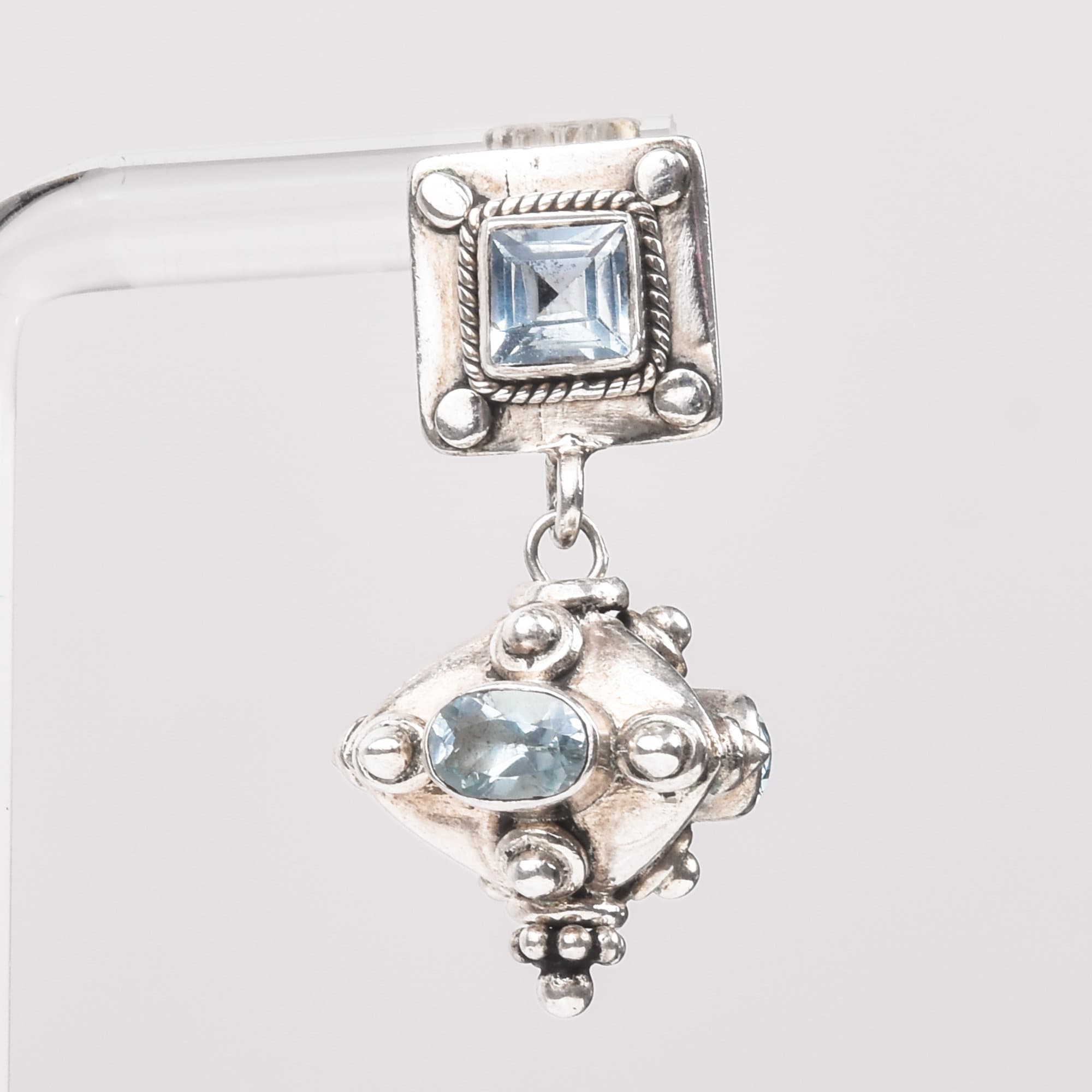 Bali-Style Sterling Silver Blue Topaz Earrings, Small Chunky Pierced Dangle Earrings, 1.25" L