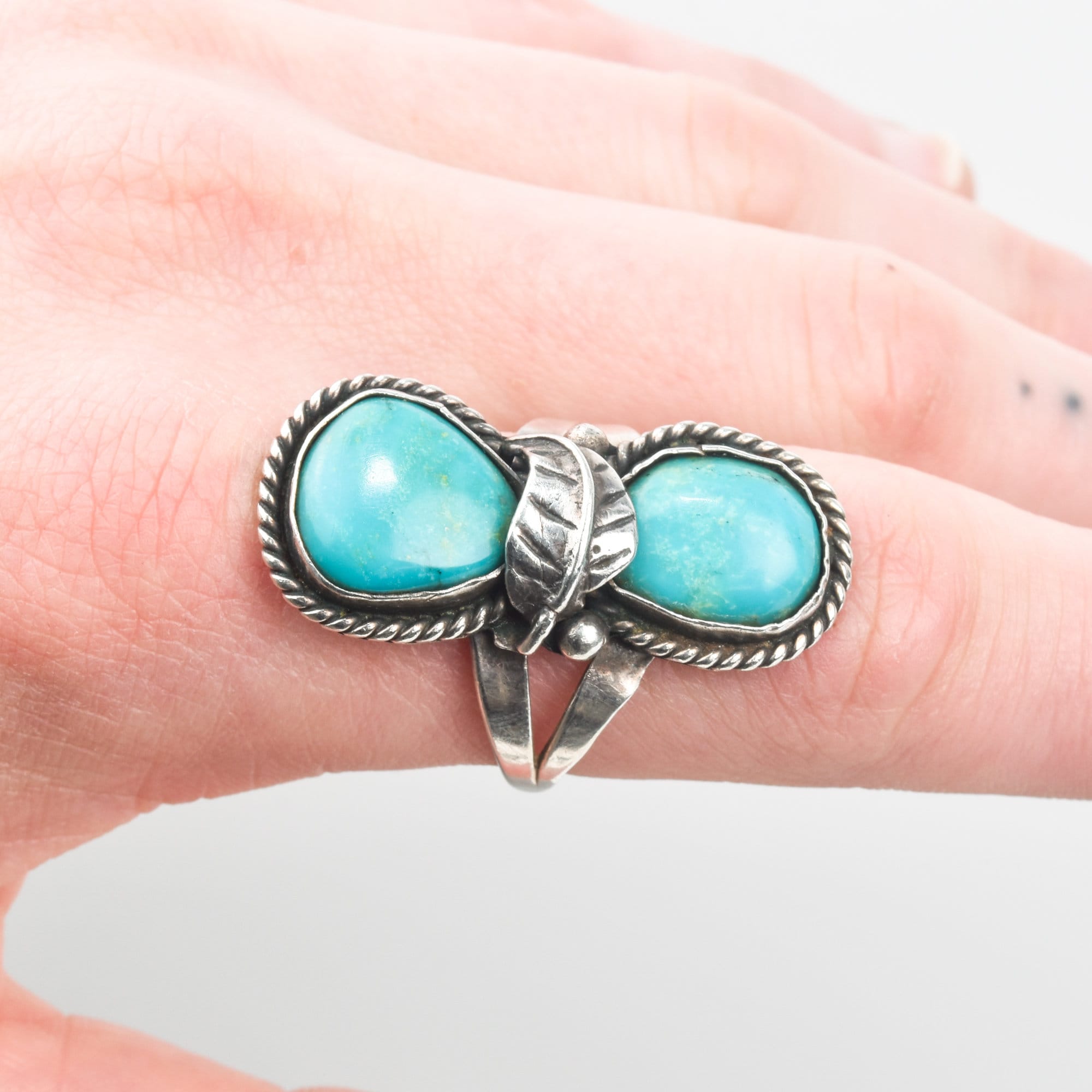 Navajo Two-Stone Turquoise Ring In Sterling Silver, Native American Jewelry, Size 10 1/2 US