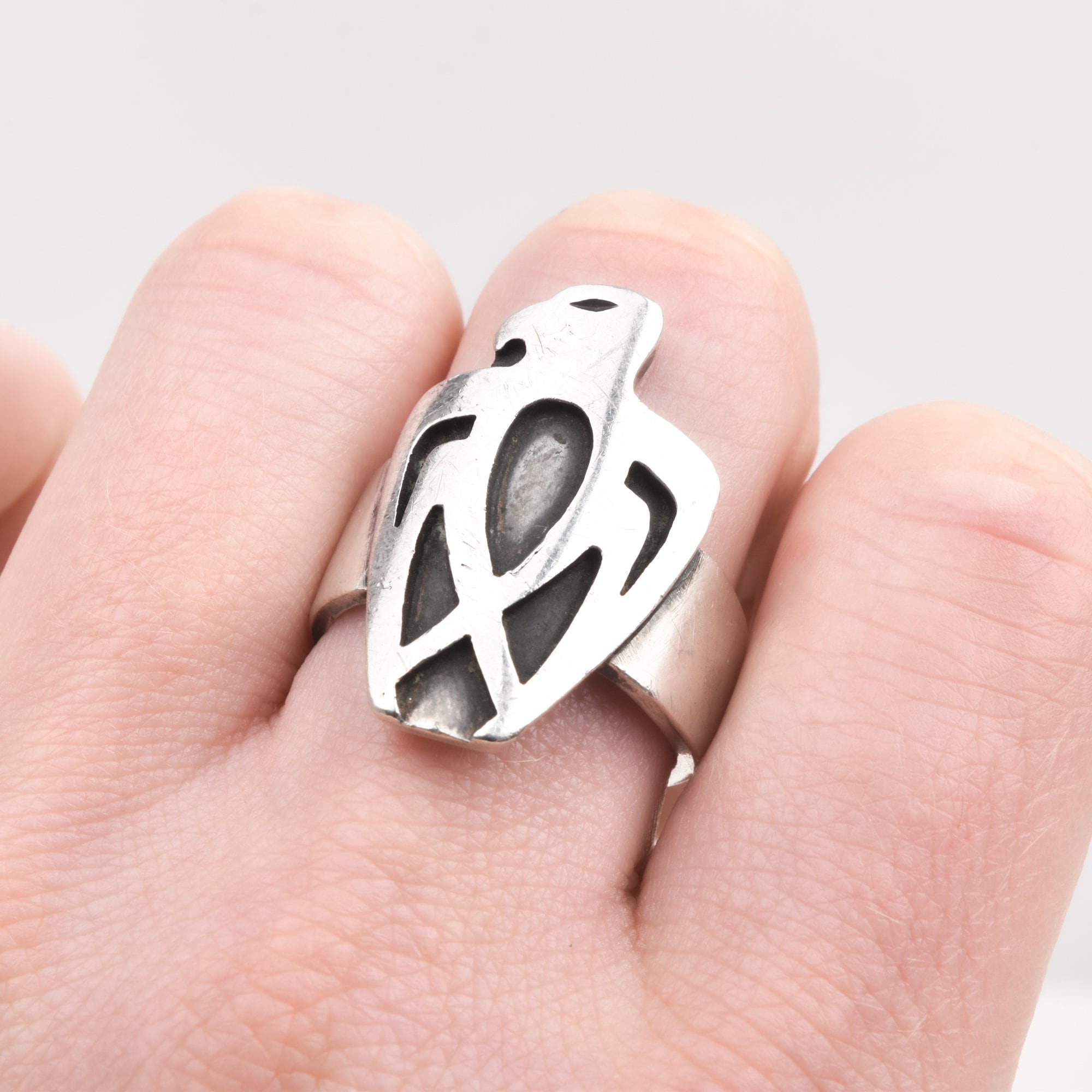 Modernist Sterling Silver Carved Thunderbird Ring