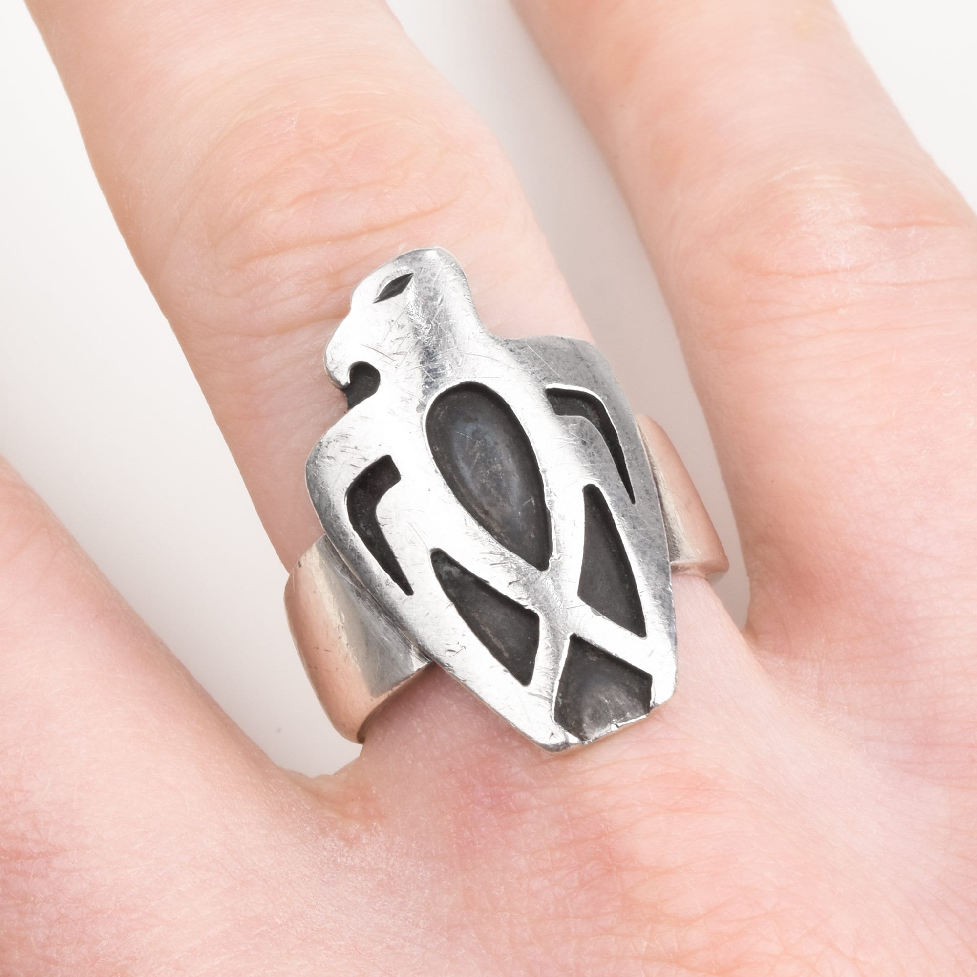 Modernist Sterling Silver Carved Thunderbird Ring