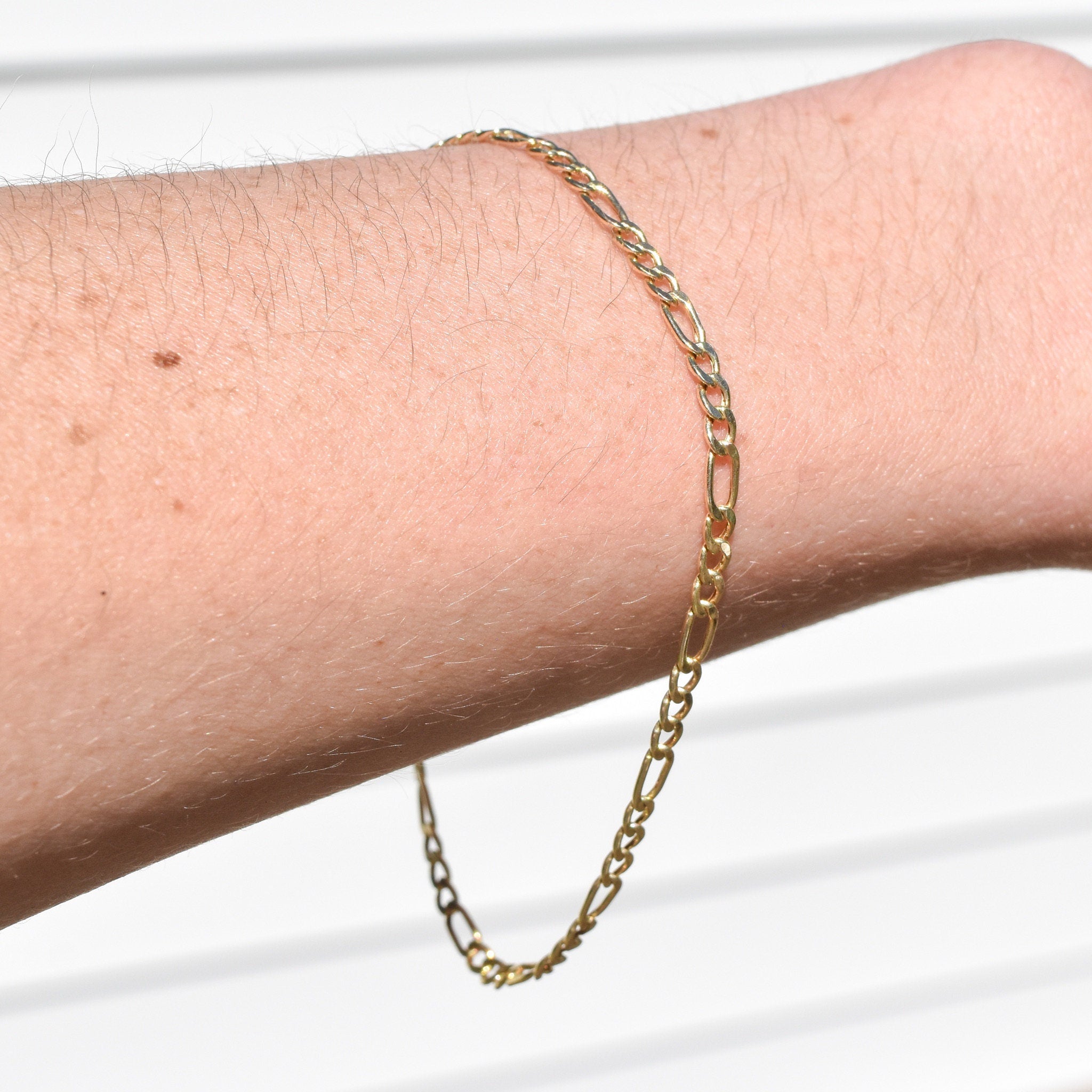 Italian 10K Figaro Bracelet/Anklet, 3mm Yellow Gold Chain, Estate Jewelry, 8.25"