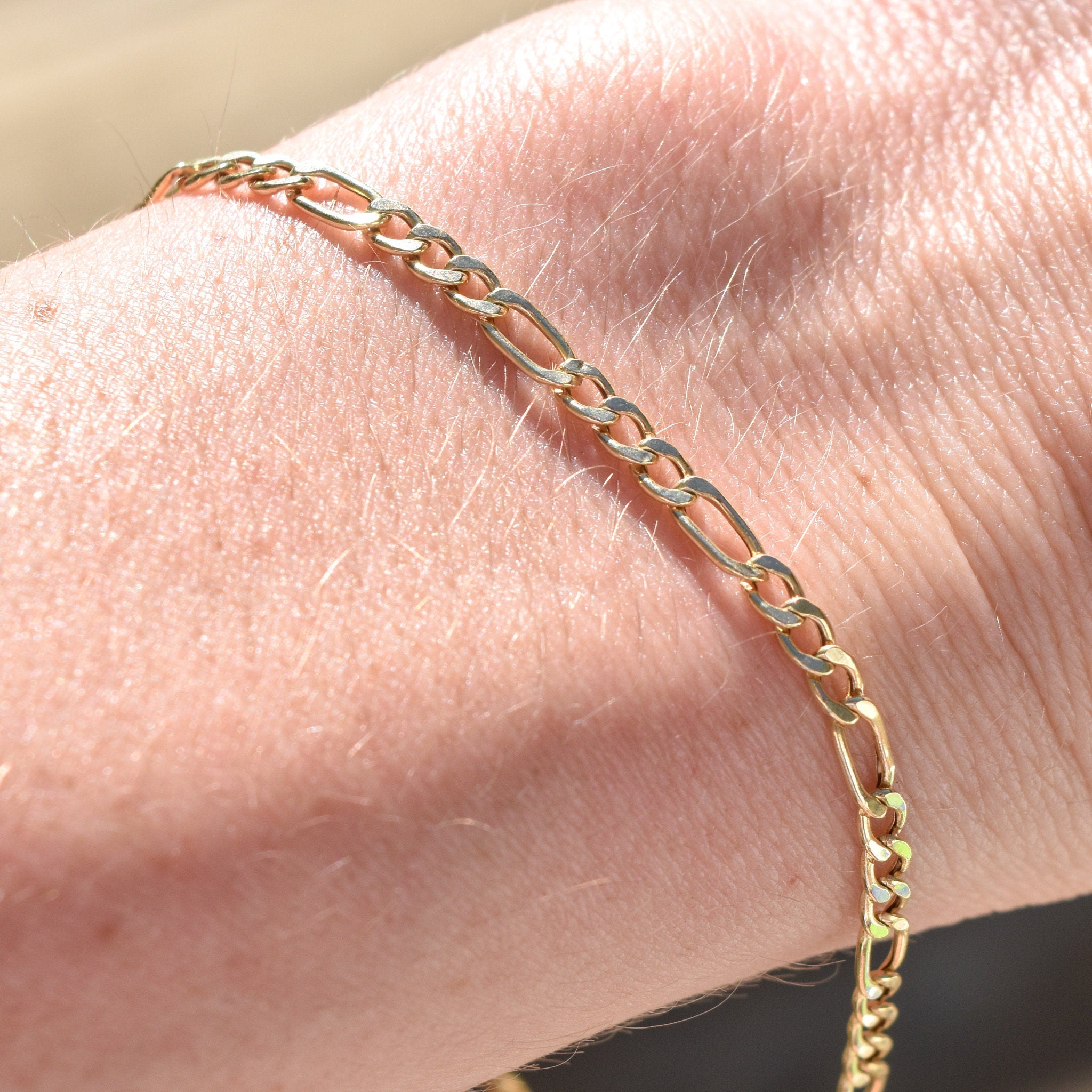 Italian 10K Figaro Bracelet/Anklet, 3mm Yellow Gold Chain, Estate Jewelry, 8.25"