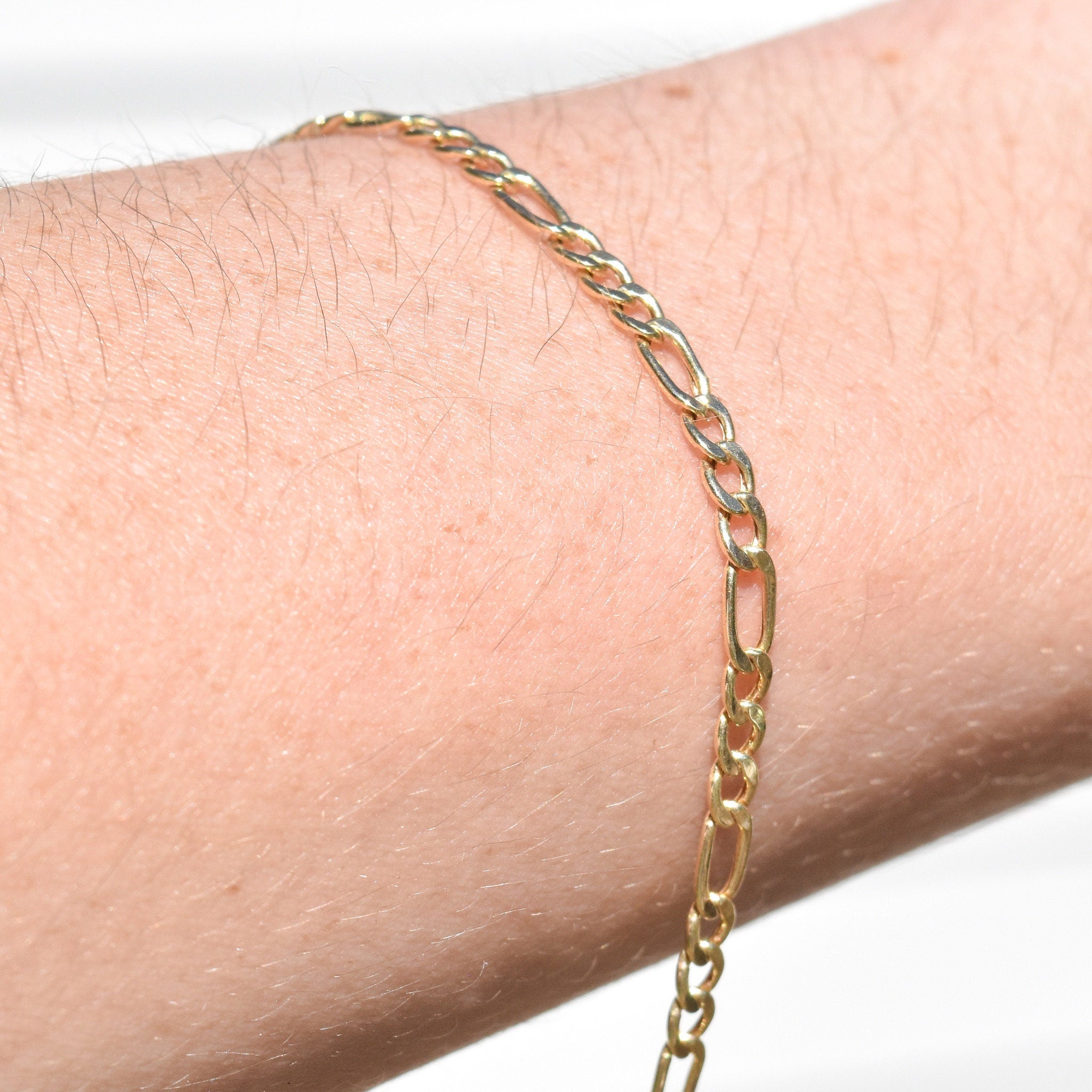 Italian 10K Figaro Bracelet/Anklet, 3mm Yellow Gold Chain, Estate Jewelry, 8.25"