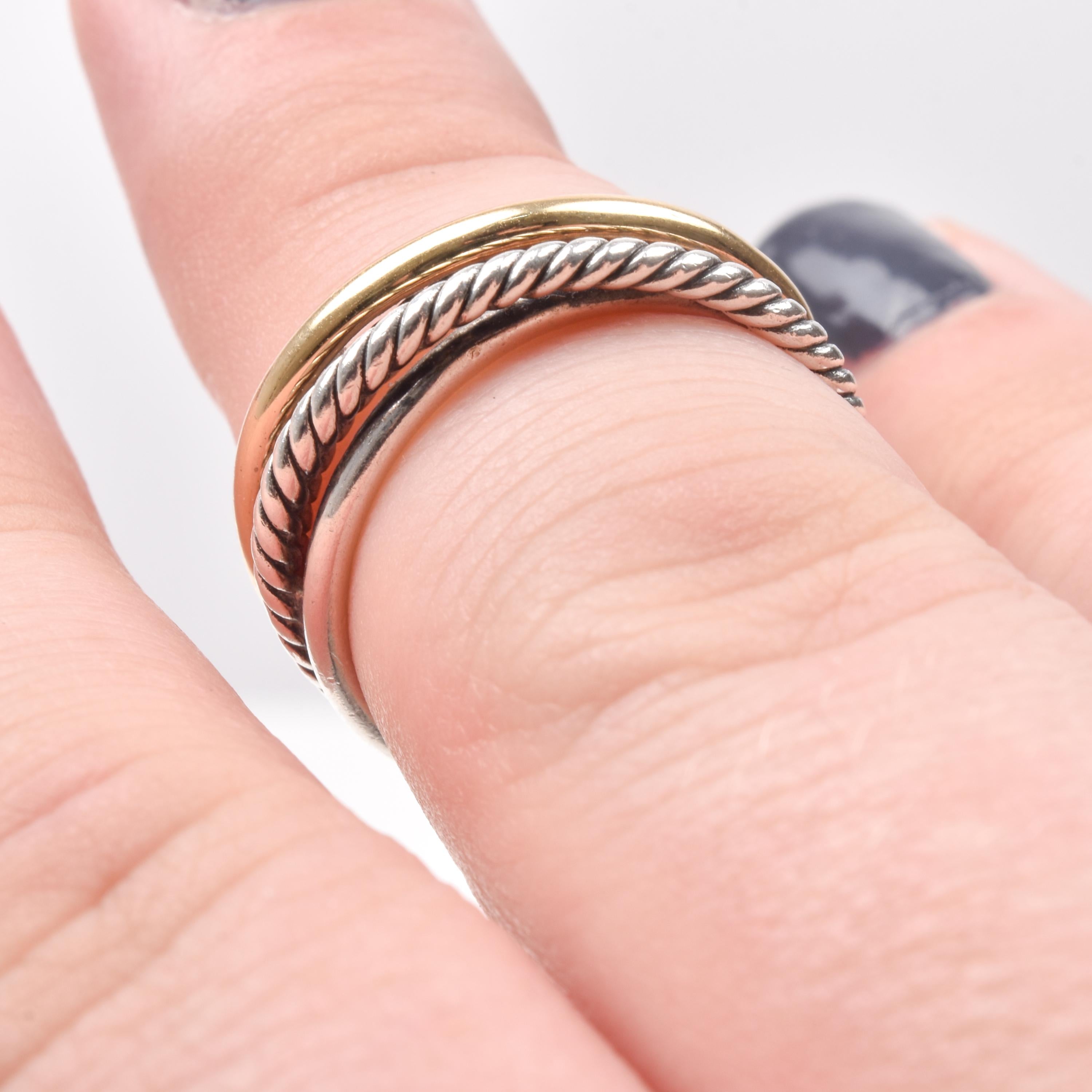 Vintage David Yurman Crossover Ring In Sterling Silver & 18k Gold, Two-Tone Rope Ring, Estate Jewelry, Size 6 3/4 US
