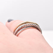 Vintage David Yurman Crossover Ring In Sterling Silver & 18k Gold, Two-Tone Rope Ring, Estate Jewelry, Size 6 3/4 US